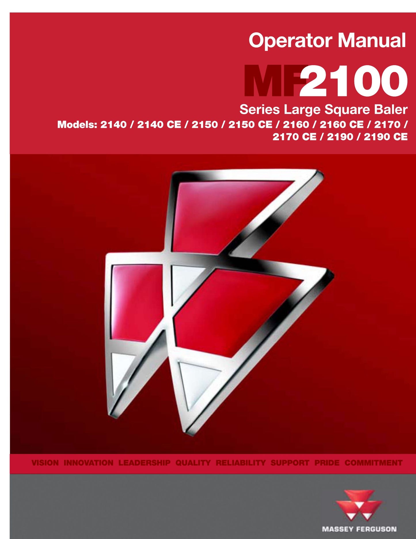 MASSEY FERGUSON 2140 2140 CE 2150 2150 CE 2160 2160 CE 2170 2170 CE 2190 2190 CE Large Square Baler Factory Workshop Operator Manual