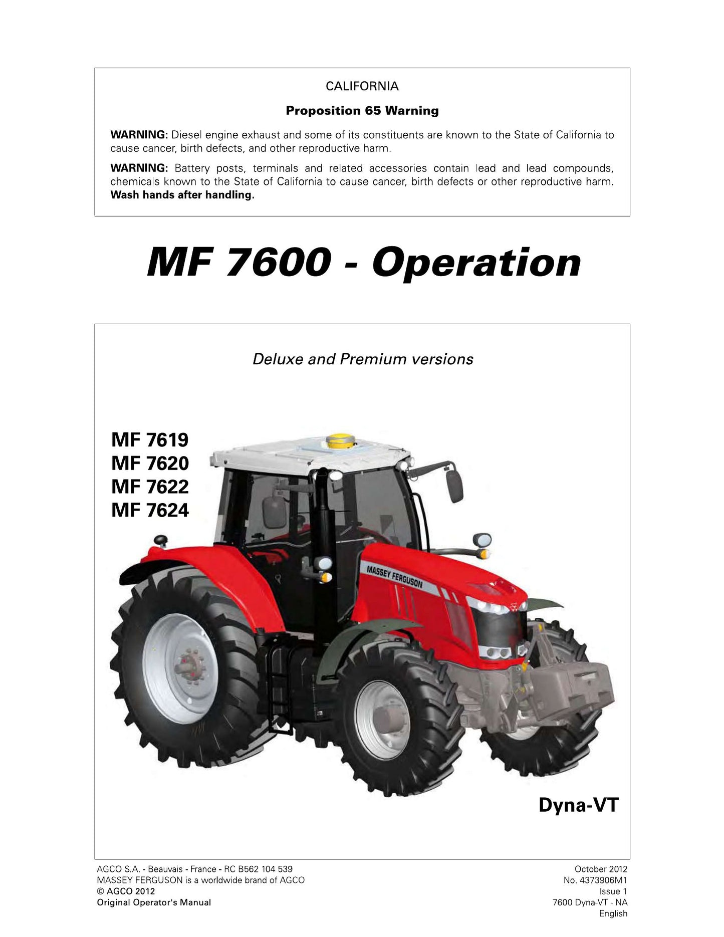 MASSEY FERGUSON MF 7619 MF 7620 MF 7622 MF 7624 Tractor Factory Workshop Operator Manual 4373550M1