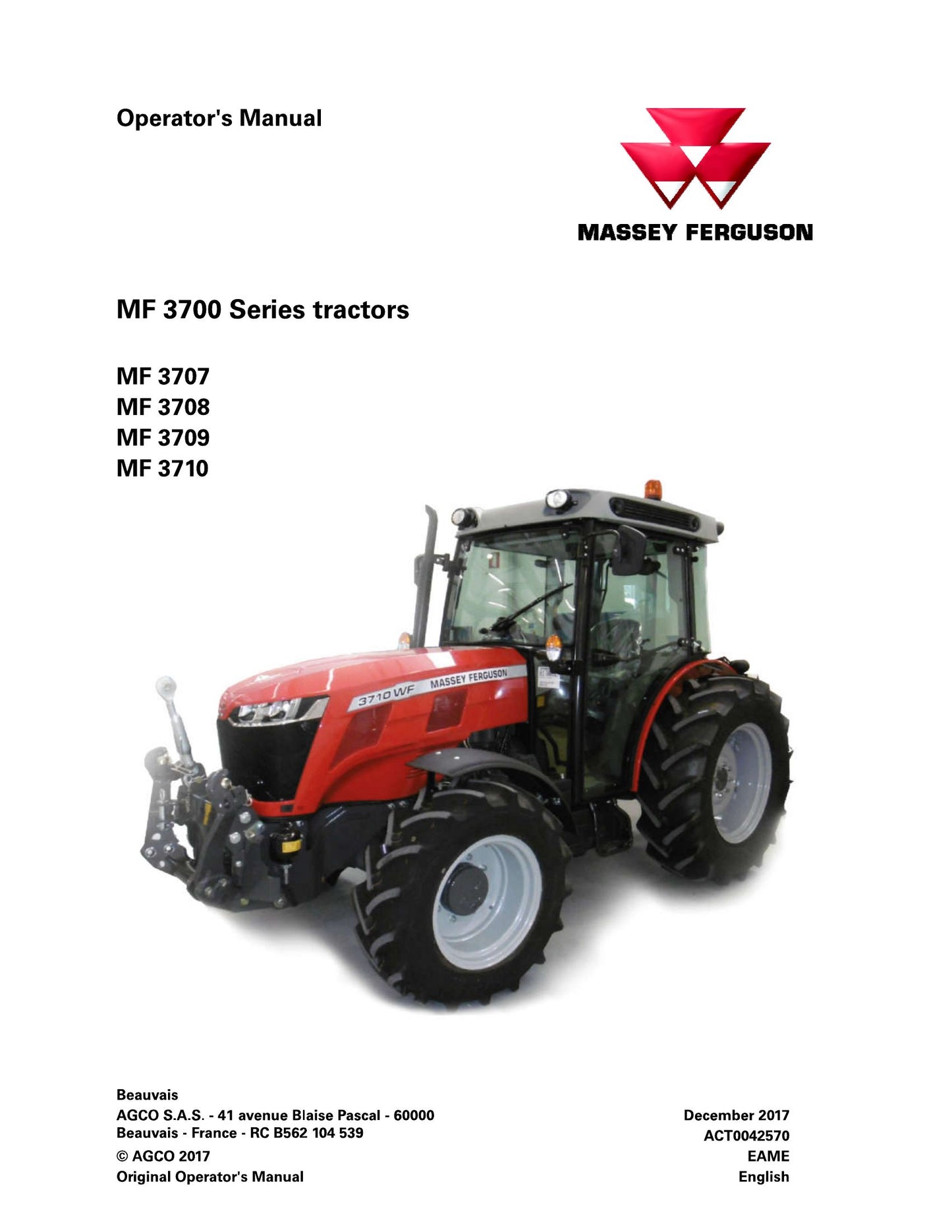 MASSEY FERGUSON MF3707 MF3708 MF3709 MF3710 Tractor Factory Workshop Operator Manual