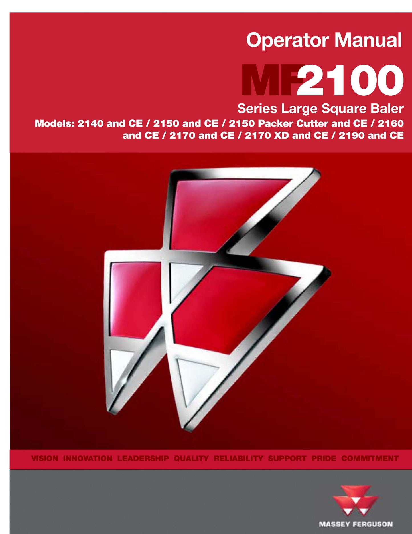 MASSEY FERGUSON 2140 CE/2150 2150 Packer Cutter CE/2160 CE/2170 CE/2170 XD CE/2190 Large Square Baler Factory Workshop Operator Manual