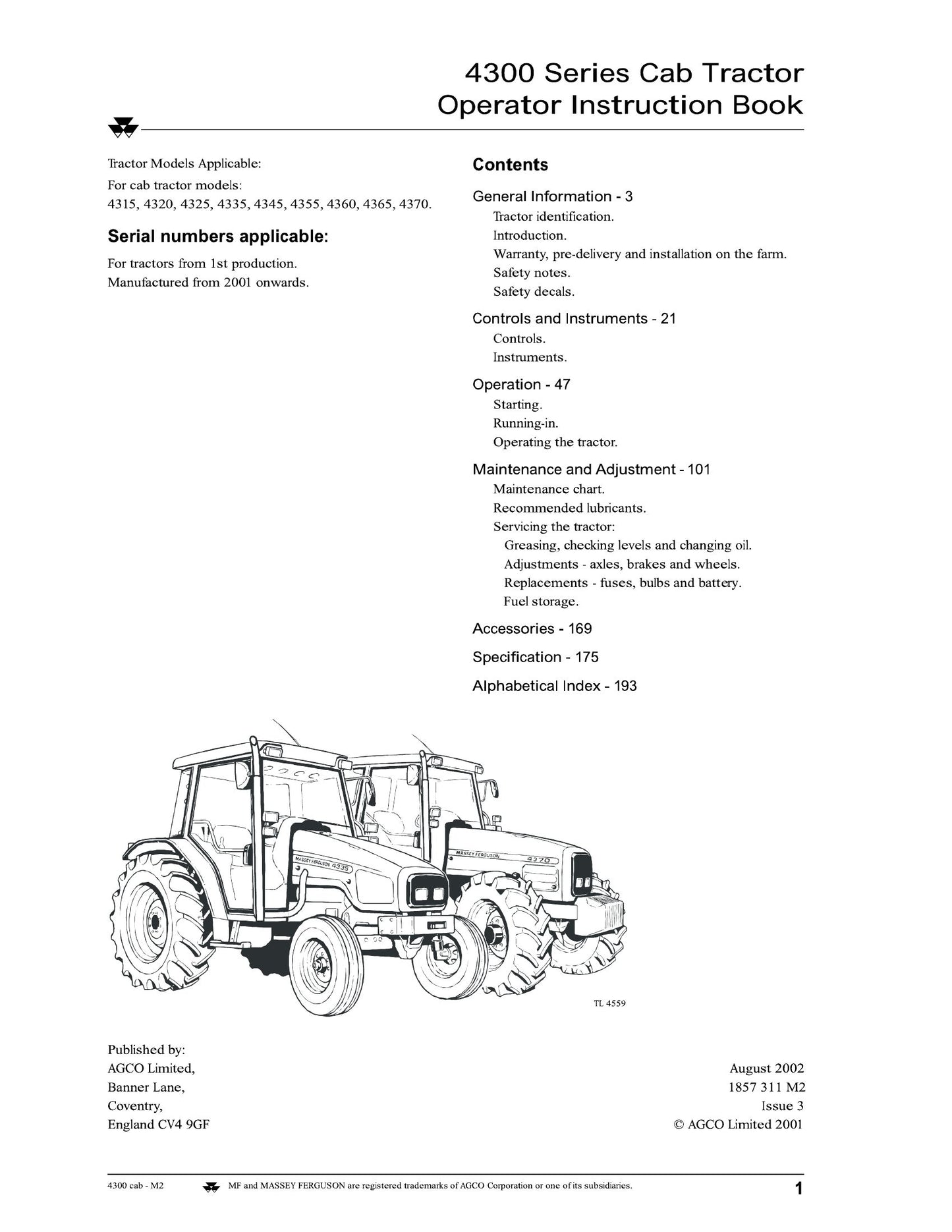 MASSEY FERGUSON 4315 4320 4325 4335 4345 4355 4360 4365 4370 Tractor Factory Workshop Operator Manual 1857 311 M2