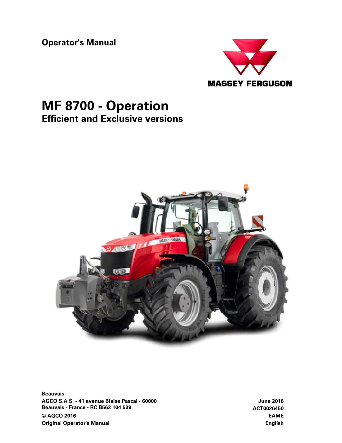 MASSEY FERGUSON MF 8700 Tractor Factory Workshop Operator Manual