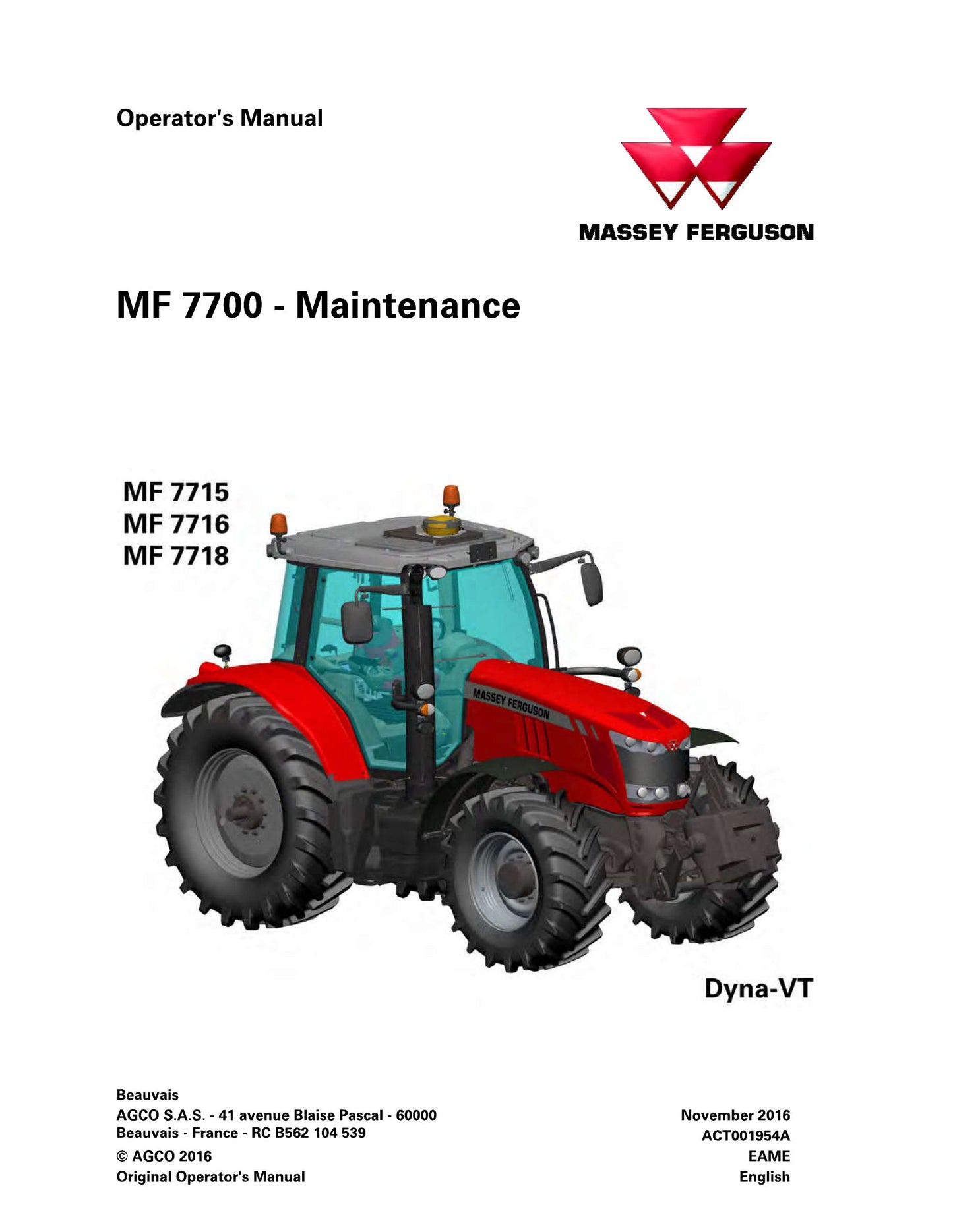 MASSEY FERGUSON MF 7715 MF 7716 MF 7718 Tractor Factory Workshop Operator Manual