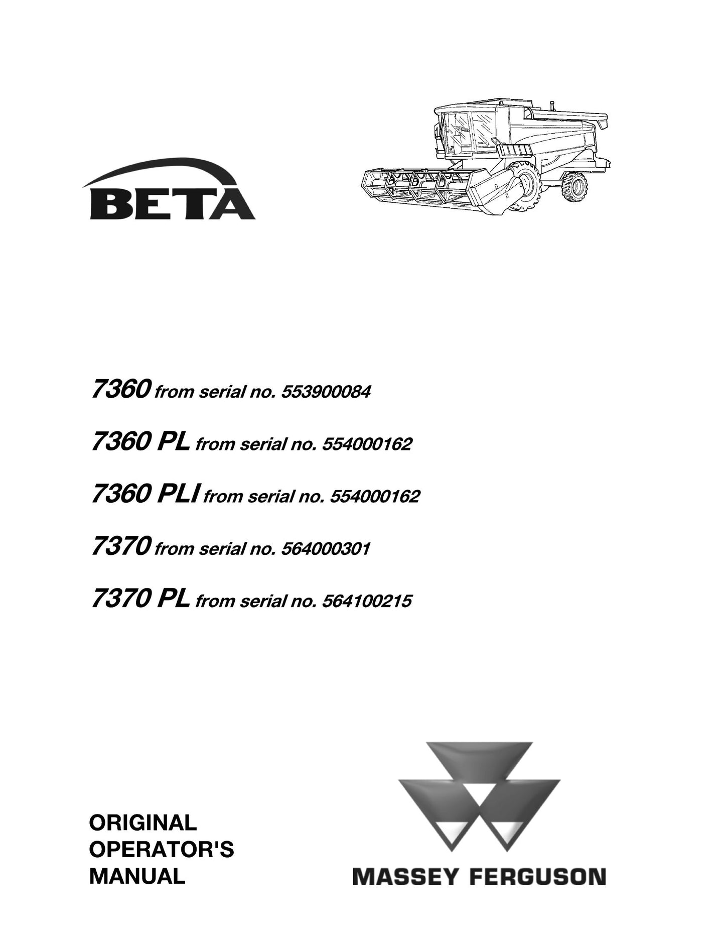 MASSEY FERGUSON 7360 7360PL 7360PLI 7370 7370PL Combine Harvester Factory Workshop Operator Manual