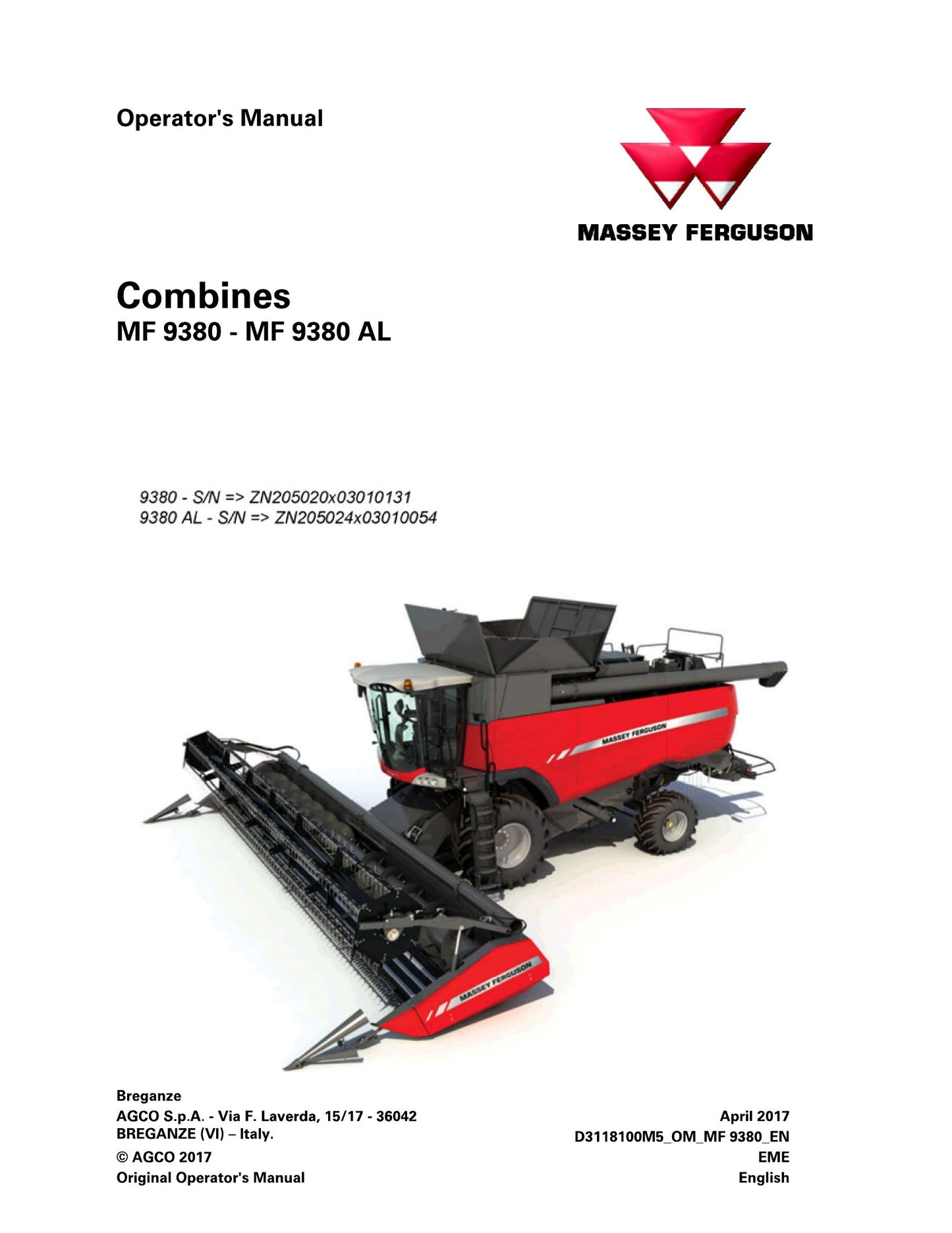 MASSEY FERGUSON MF 9380 MF 9380 AL Combine Factory Workshop Operator Manual D3118100M5