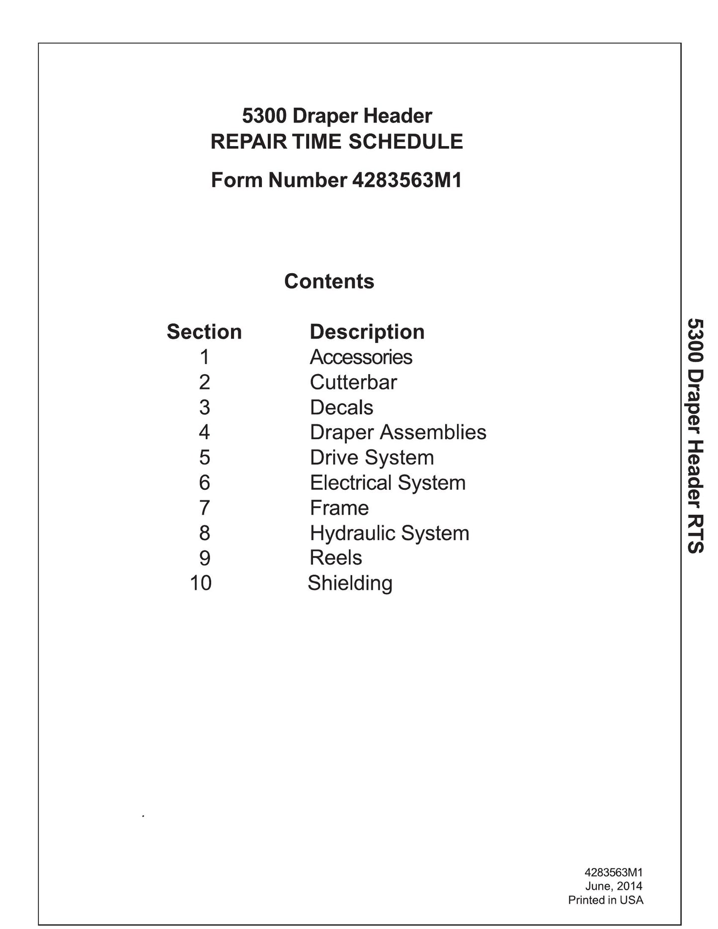 AGCO 5300 Draper Header Harvester Header Repair Time Schedule 4283563M1