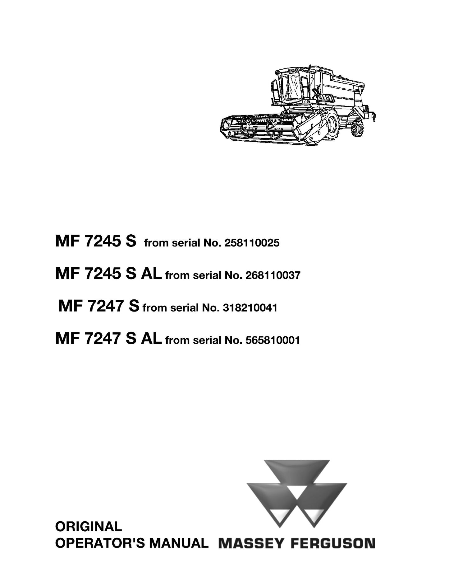 MASSEY FERGUSON 7245 7245S 7247 7247S Combine Harvester Factory Workshop Operator Manual