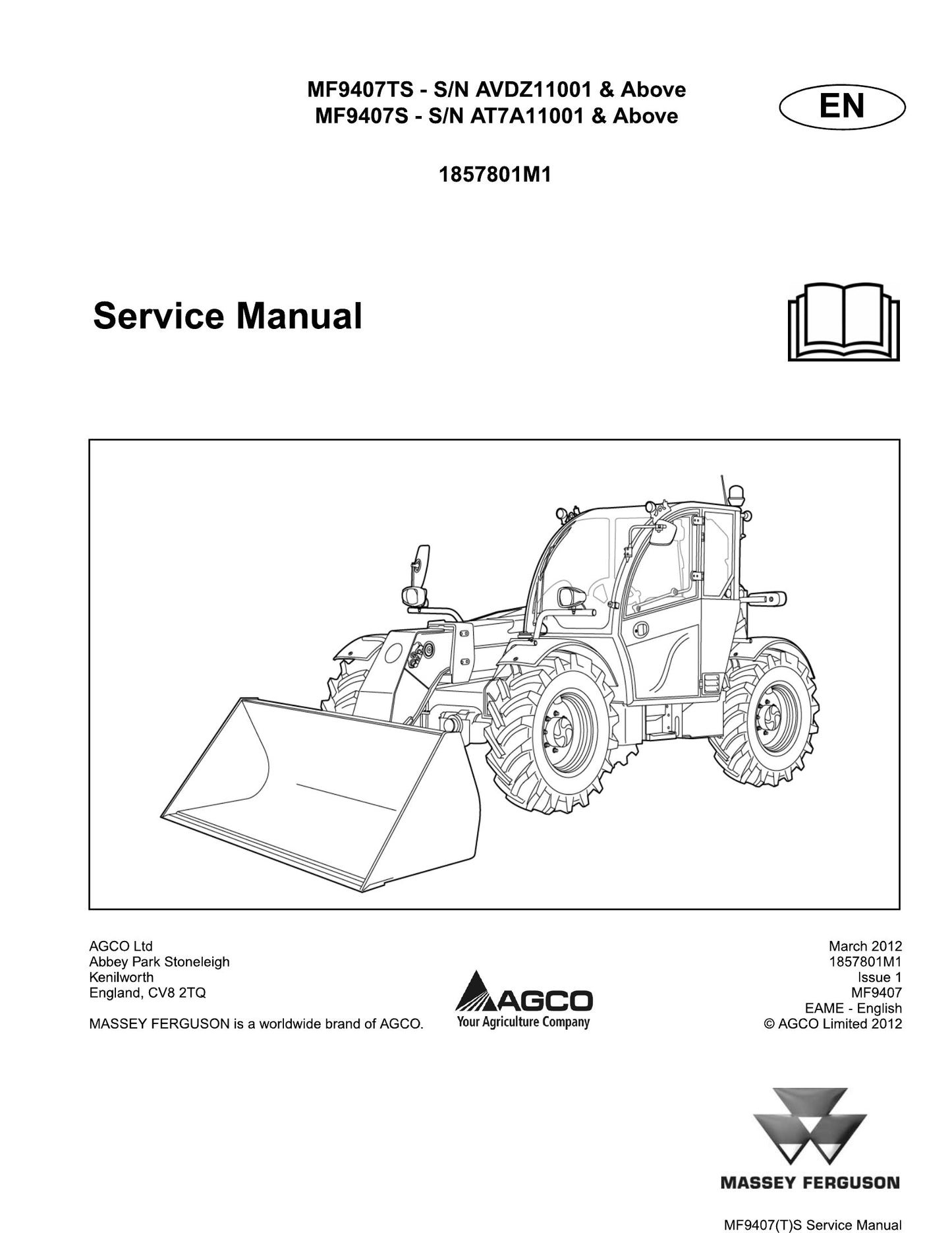 MASSEY FERGUSON MF9407TS MF9407S Telehandler Factory Workshop Service Manual 1857801M1