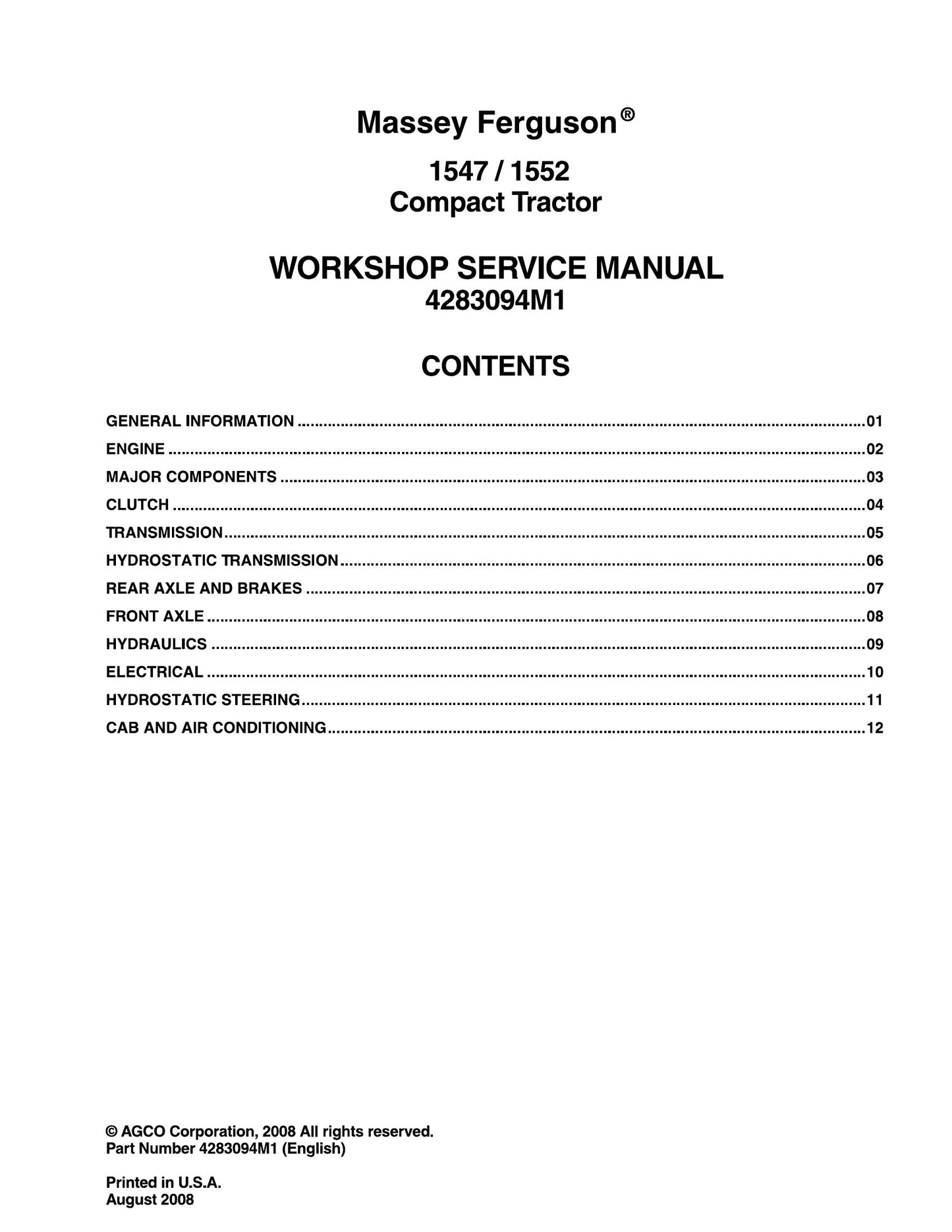 Massey Ferguson 1547 1552 Compact Tractor Factory Workshop Service Manual 4283094M1