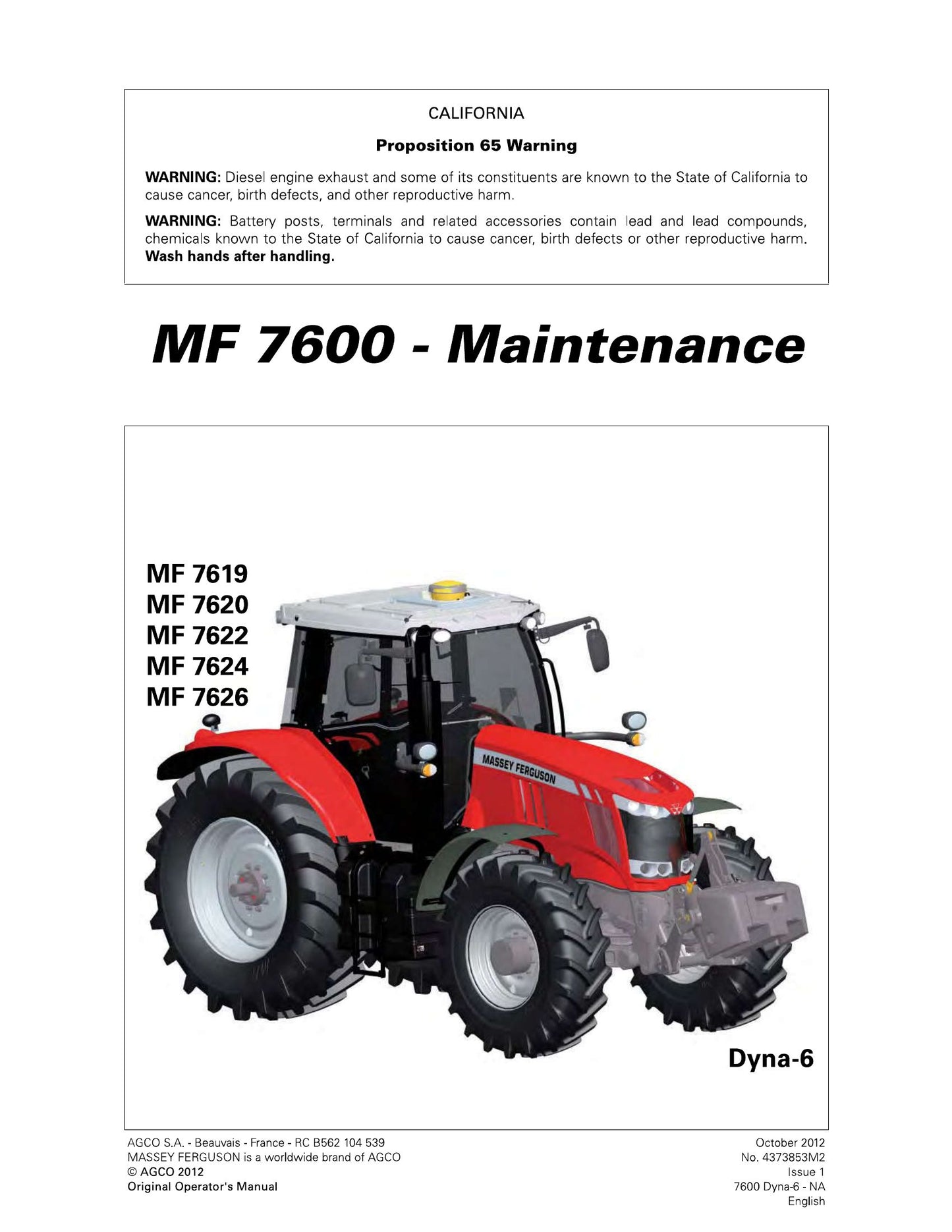 MASSEY FERGUSON MF 7619 MF 7620 MF 7622 MF 7624 MF 7626 Tractor Factory Workshop Operator Manual