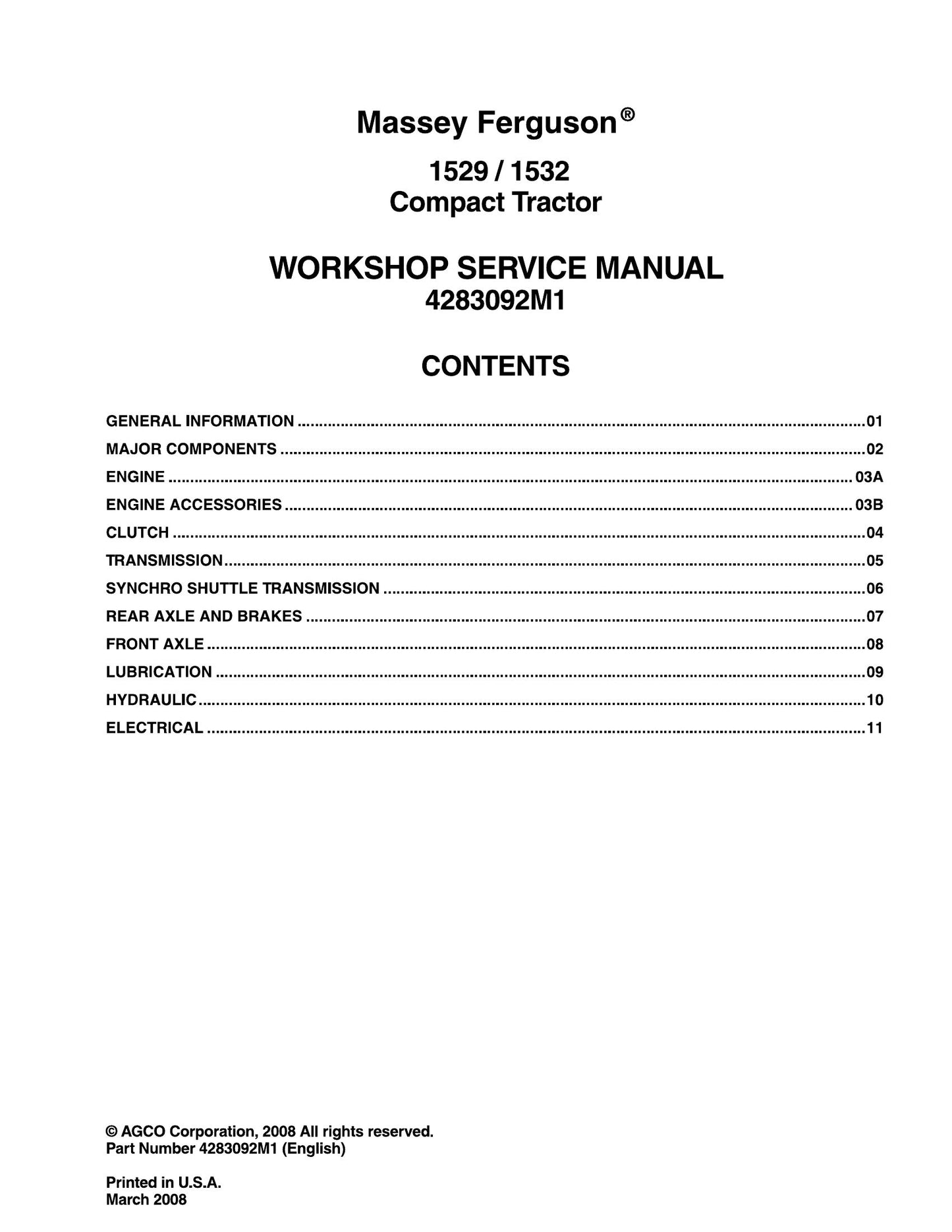 MASSEY FERGUSON 1529 1532 Compact Tractor Factory Workshop Service Manual 4283092M1