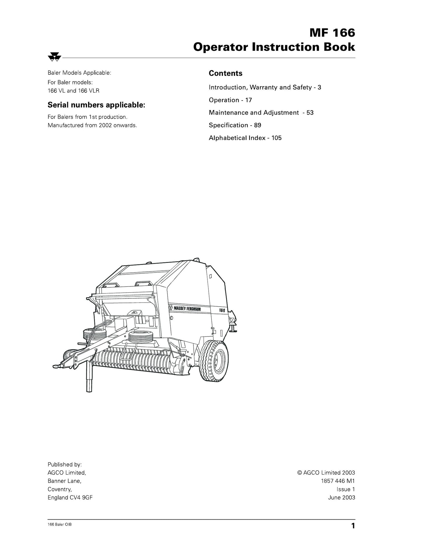MASSEY FERGUSON MF 166 VL 166 VLR Baler Factory Workshop Operator Manual 1857 446 M1