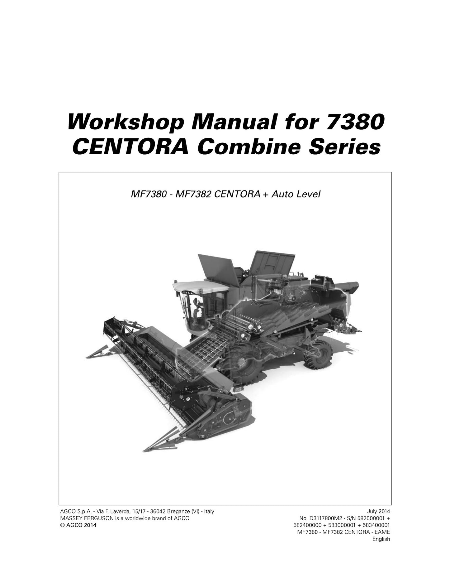 MASSEY FERGUSON MF7380 MF7382 Combine Harvester Workshop Manual D31117800M2