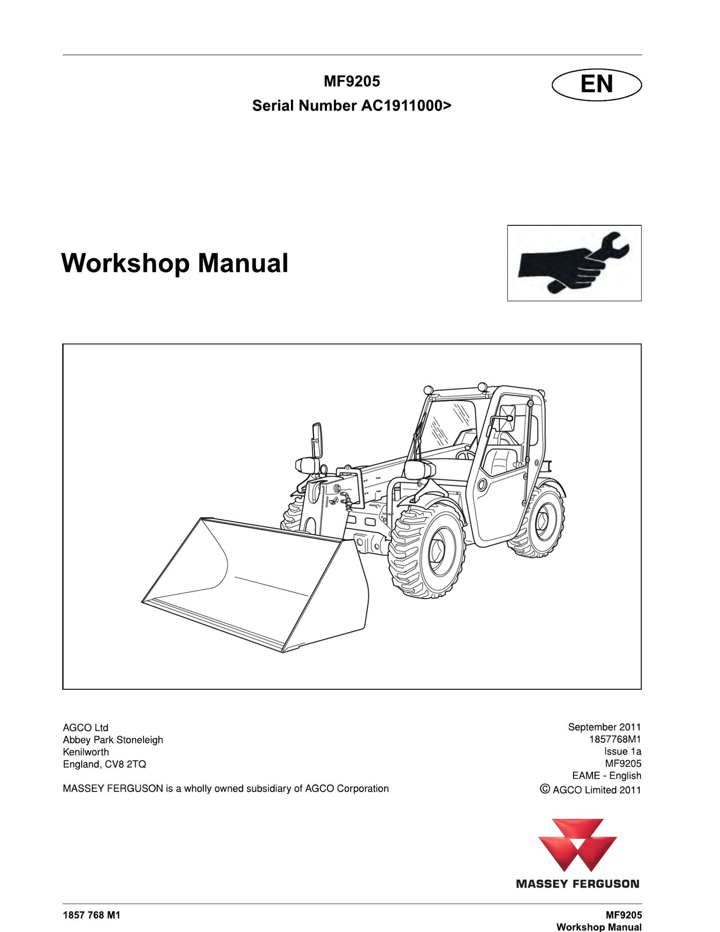 MASSEY FERGUSON MF9205 Wheel Loader Workshop Manual 1857768M1