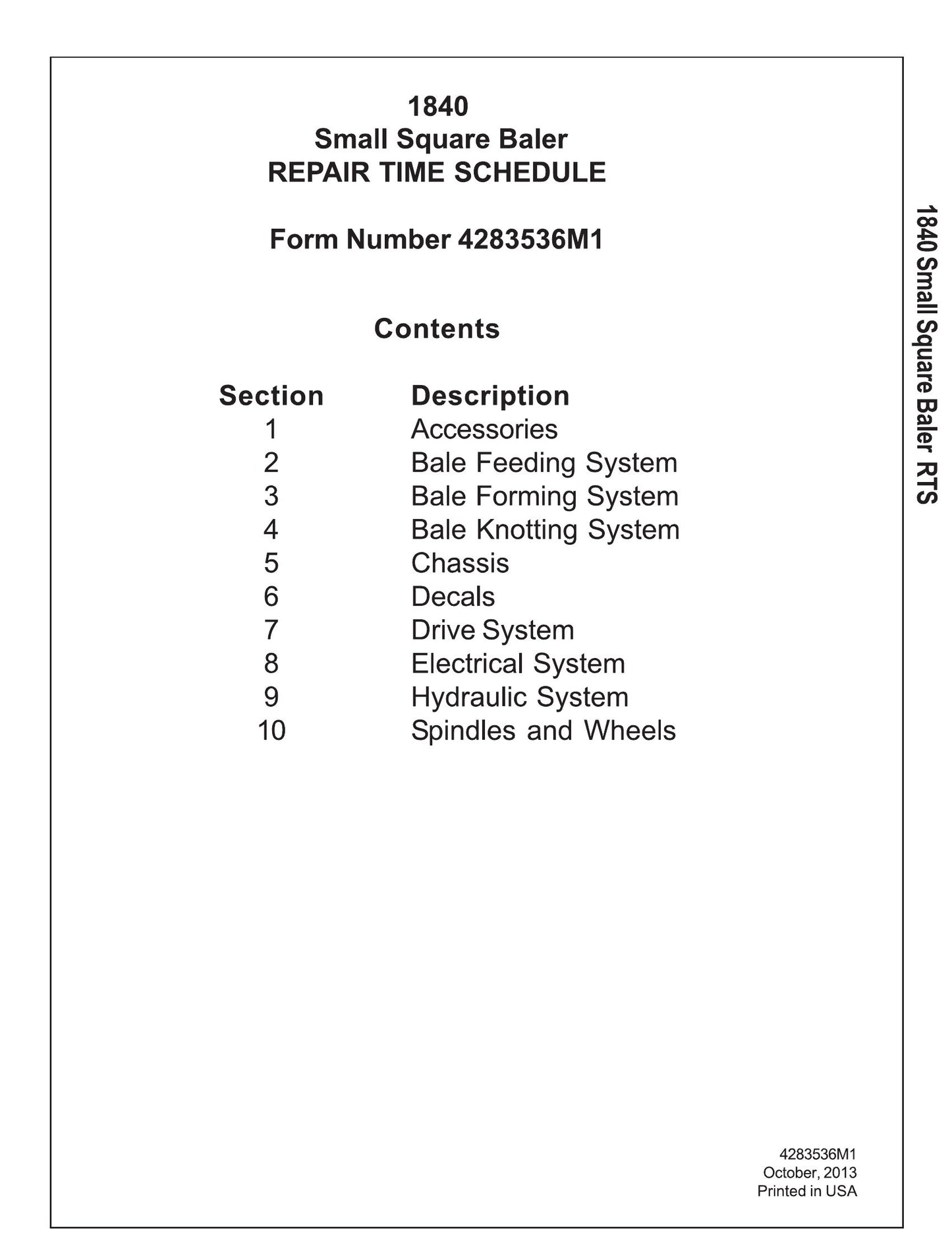 AGCO 1840 Small Square Baler Repair Time Schedule 4283536M1