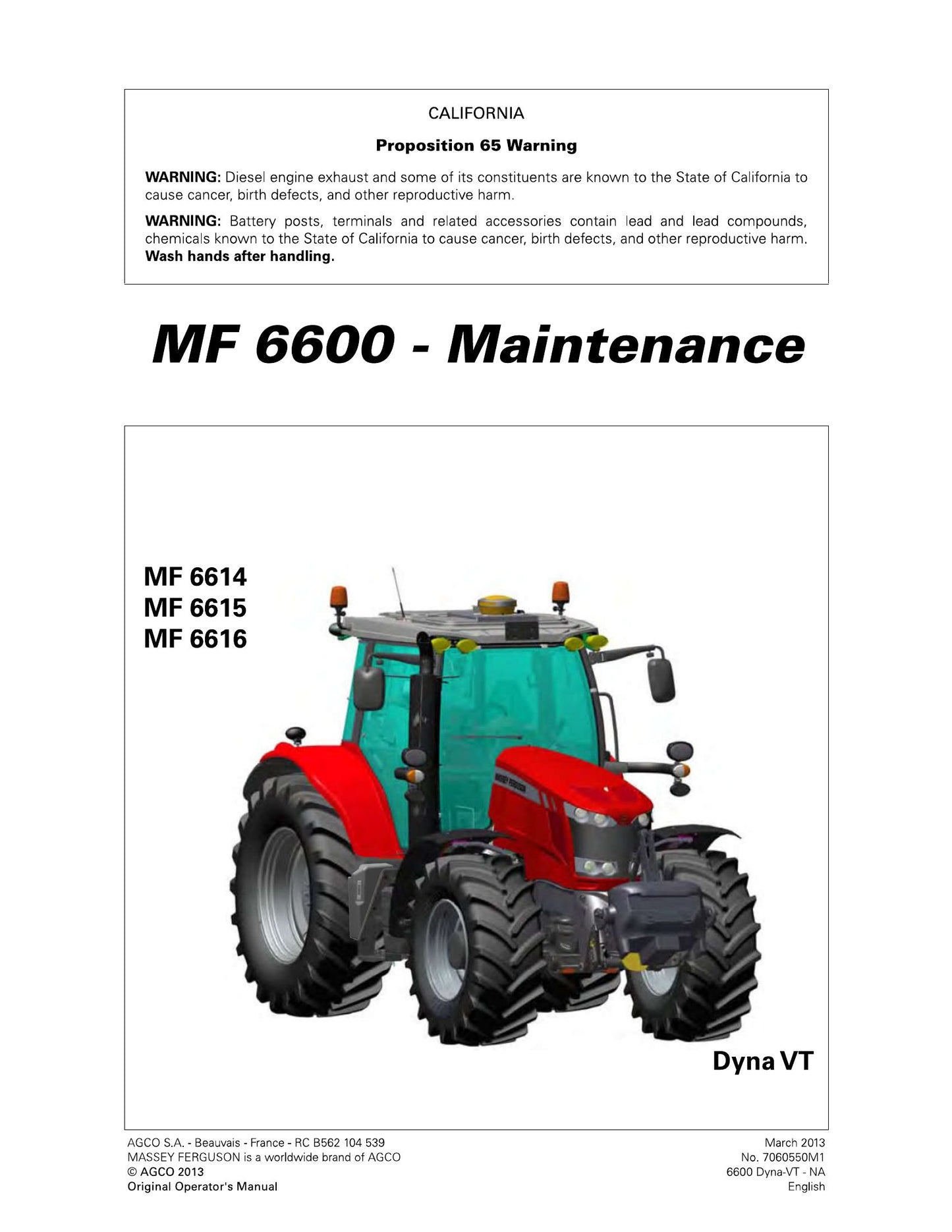 MASSEY FERGUSON MF 6614 MF 6615 MF 6616 Tractor Factory Workshop Operator Manual