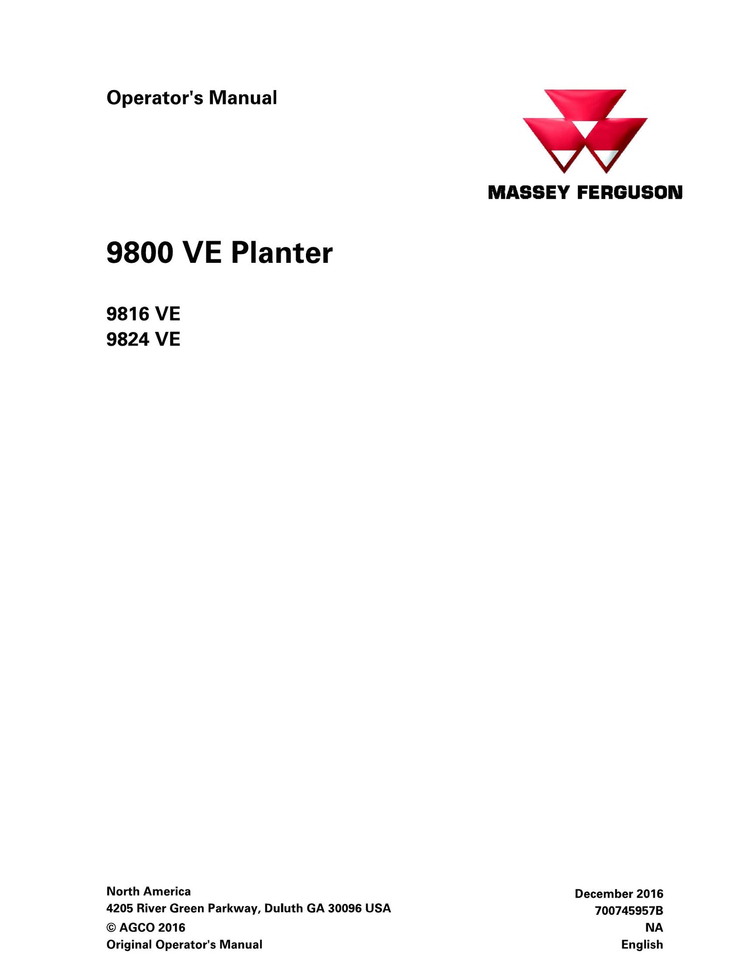 MASSEY FERGUSON 9800 9816 9824 VE Planter Factory Workshop Operator Manual