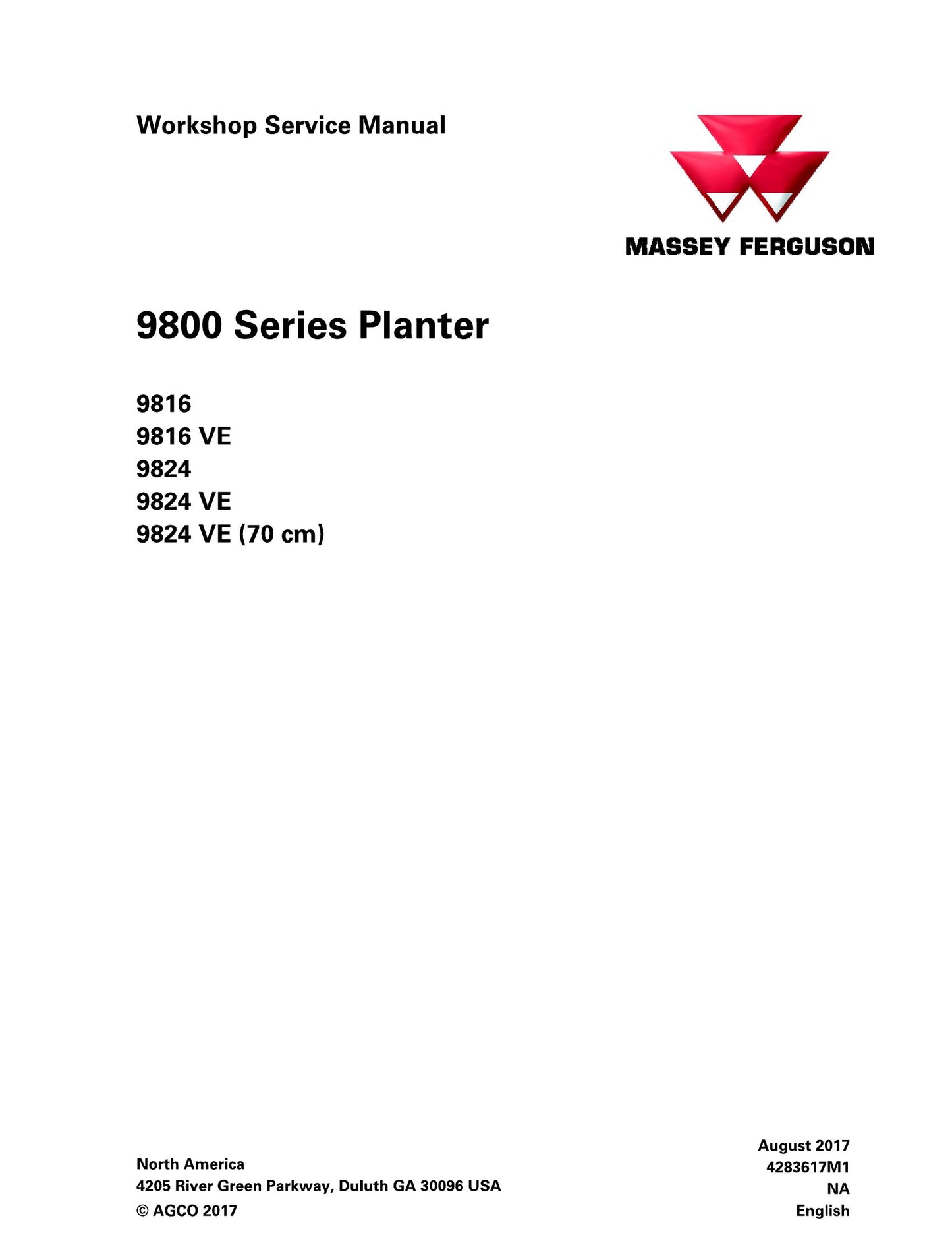MASSEY FERGUSON 9816 9816 VE 9824 9824 VE Planter Workshop Factory Workshop Service Manual