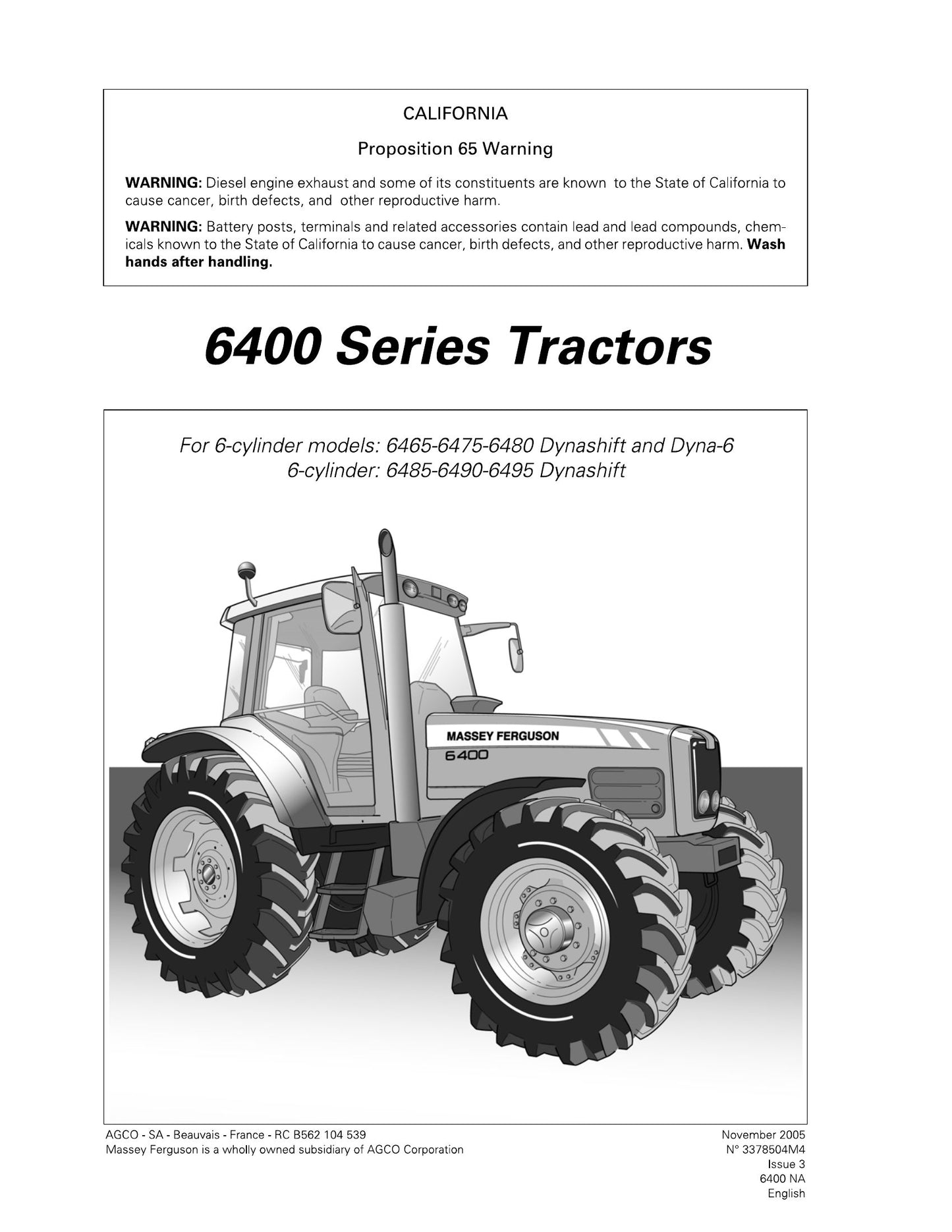 MASSEY FERGUSON 6465 6475 6480 6485 6490 6495 Tractor Factory Workshop Service Manual