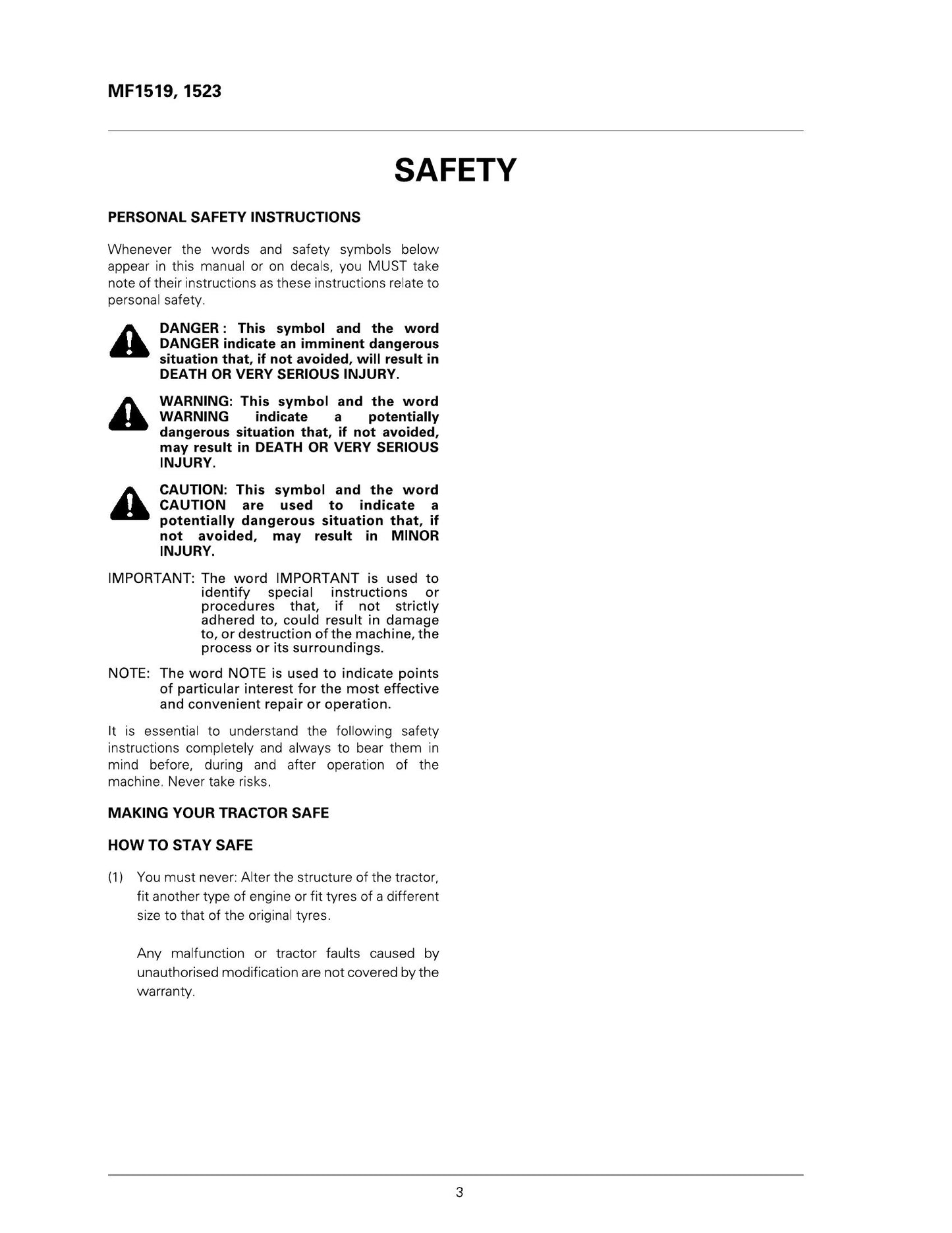MF MF1519 MF1523 Tractor Factory Workshop Operator Manual