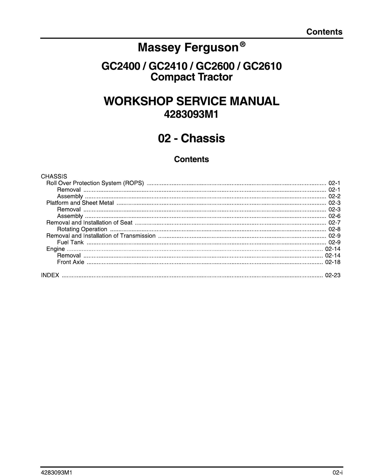 Massey Ferguson GC2400 GC2410 GC2600 GC2610 Compact Tractor Workshop Factory Workshop Service Manual 4283093M1