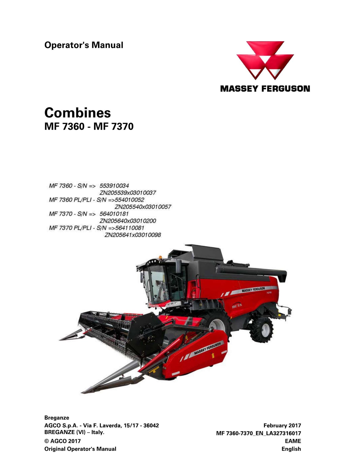 MASSEY FERGUSON MF 7360 MF 7370 Combine Harvester Factory Workshop Operator Manual 327316014