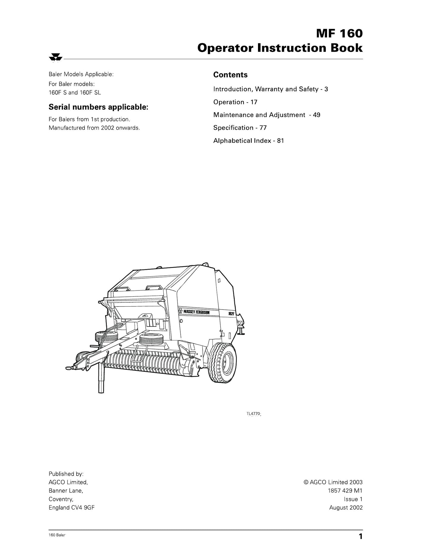 MASSEY FERGUSON MF160S MF160SL Baler Factory Workshop Operator Manual 1857 429 M1