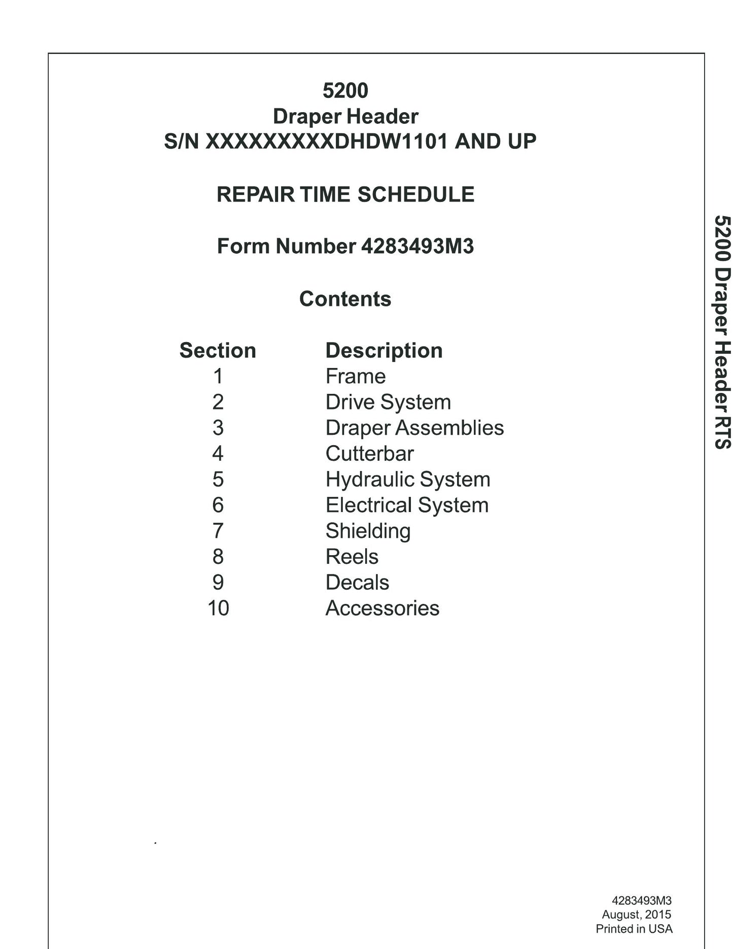 AGCO 5200 Draper Header Repair Time Schedule Form Number 4283493M3