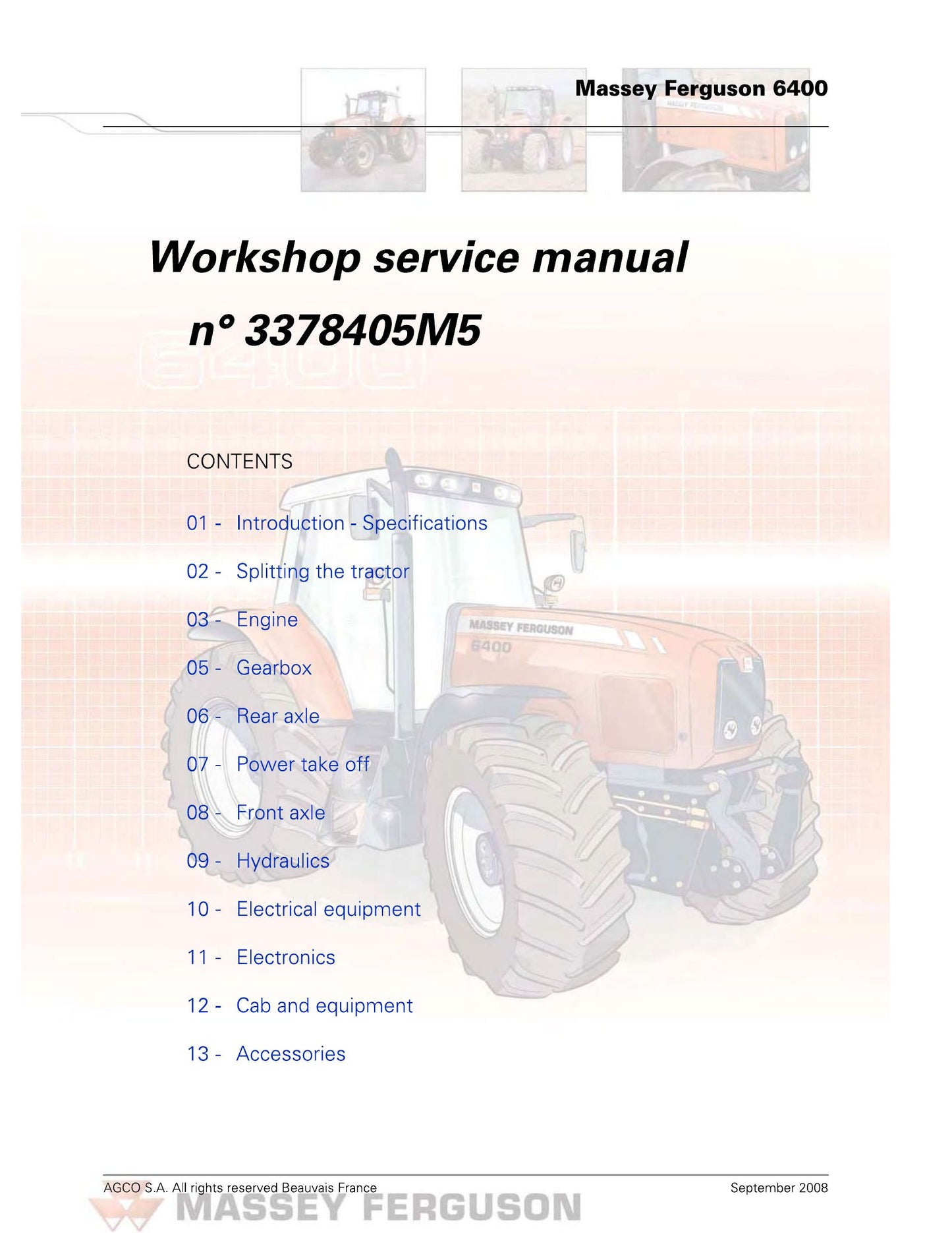 MASSEY FERGUSON 6400 Tractor Workshop Factory Workshop Service Manual 3378405M5