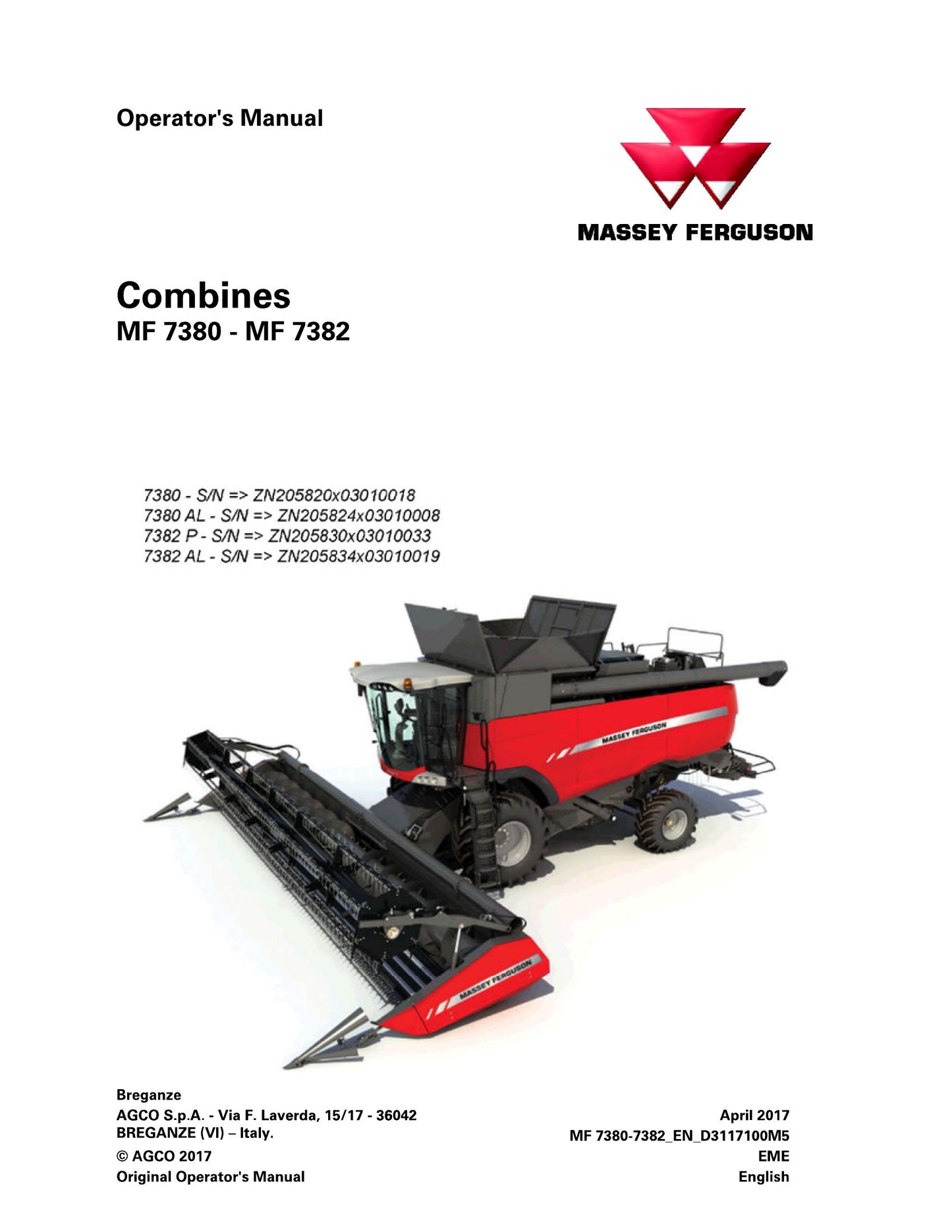 MASSEY FERGUSON MF 7380 MF 7382 Combines Factory Workshop Operator Manual MF 7380-7382 EN_D3117100M2