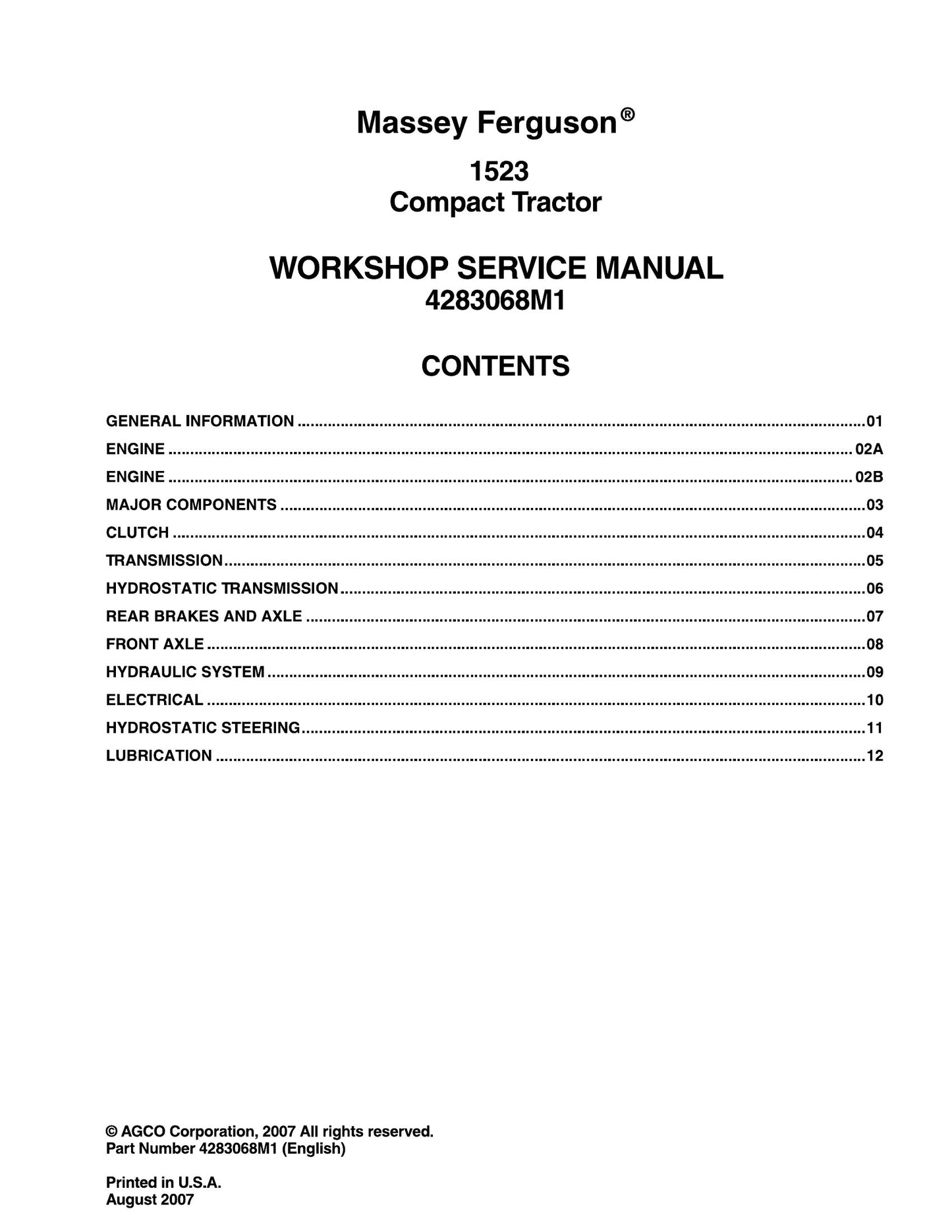 MASSEY FERGUSON 1523 Compact Tractor Factory Workshop Service Manual 4283068M1