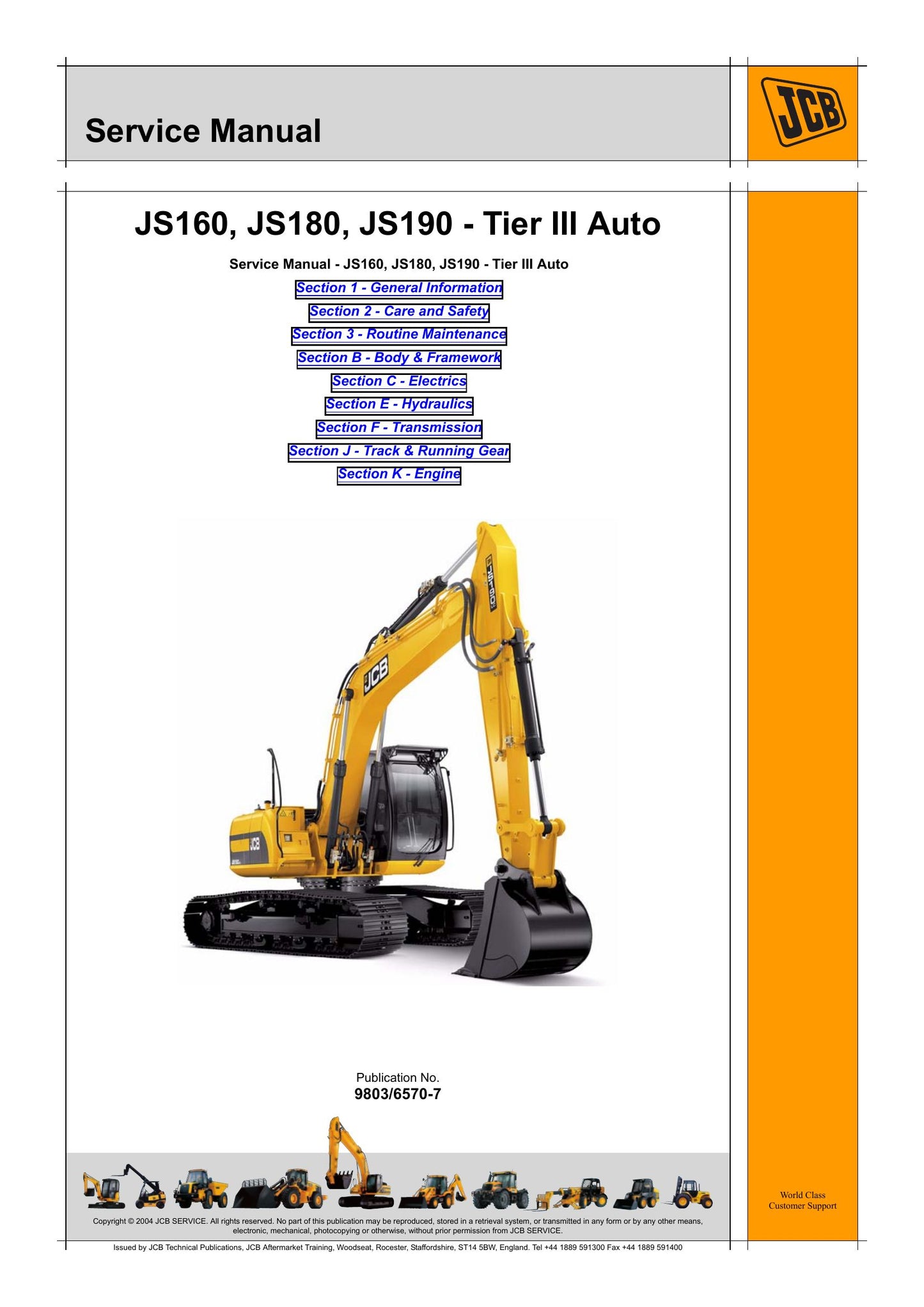JCB JS160 JS180 JS190 Crawler Excavator Factory Workshop Service Manual 9803/6570