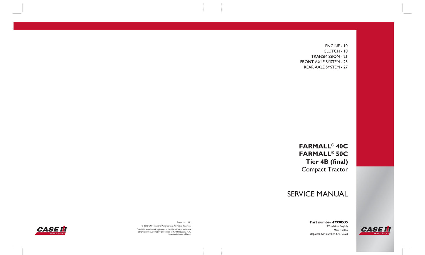 CASE Farmall 40C Farmall 50C Compact Tractor Factory Workshop Service Manual 47998535