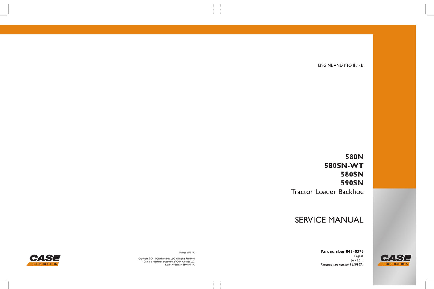 CASE 580N 580SN-WT 580SN 590SN Backhoe Loader Factory Workshop Service Manual 84540378