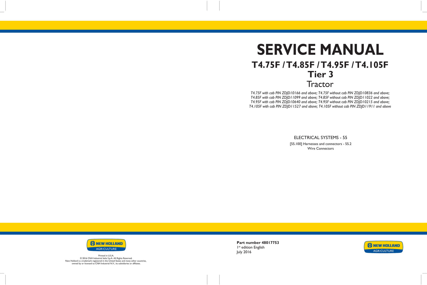 New Holland T4.75F T4.85F T4.95F T4.105F Tractor Factory Workshop Service Manual 48017752