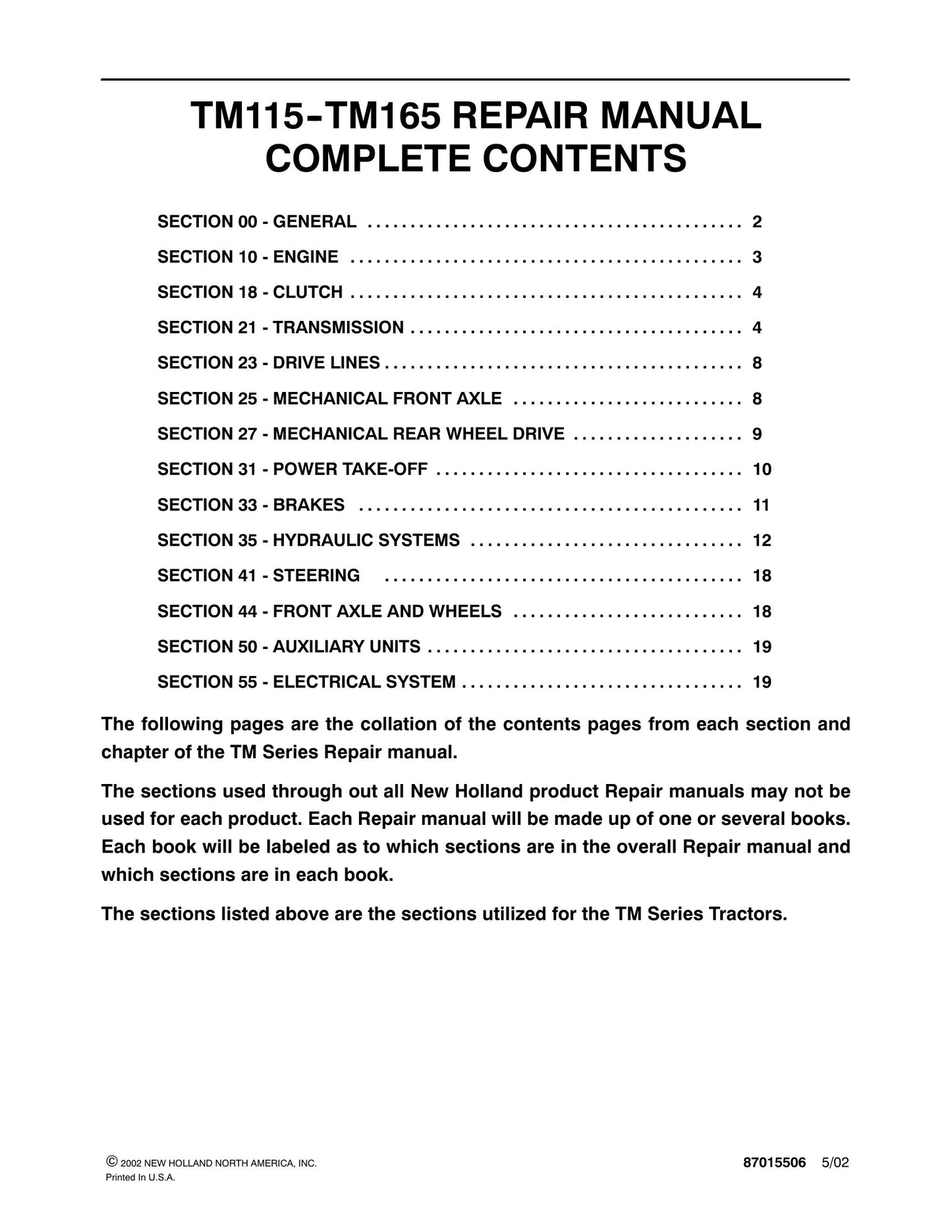New Holland TM115 TM165 Tractor Factory Workshop Repair Manual 87015506