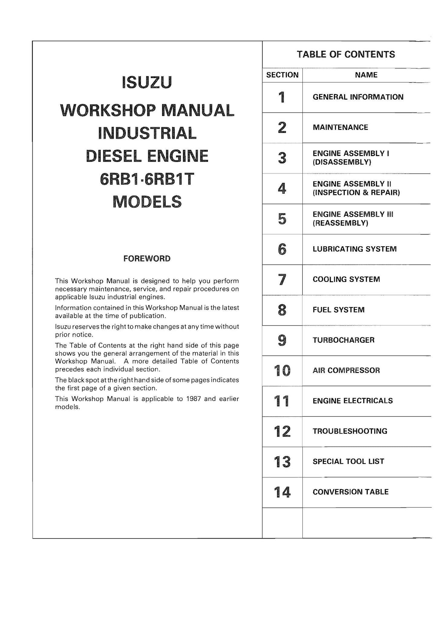 ISUZU 6RB1 6RB1T Industrial Diesel Engine Workshop Manual 9806-2166