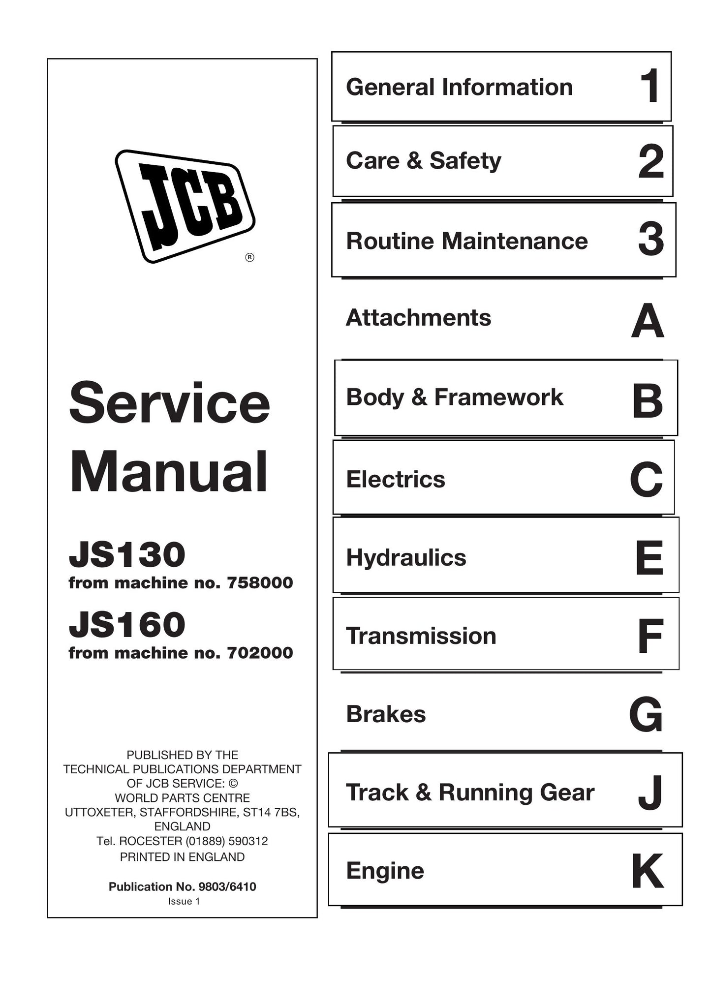JCB JS130 JS160 Crawler Excavator Factory Workshop Service Manual 9803/6410