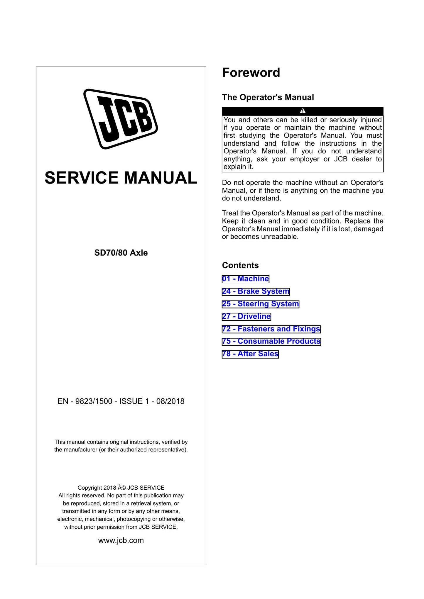JCB SD70 SD80 Axle Factory Workshop Service Manual 9823/1500