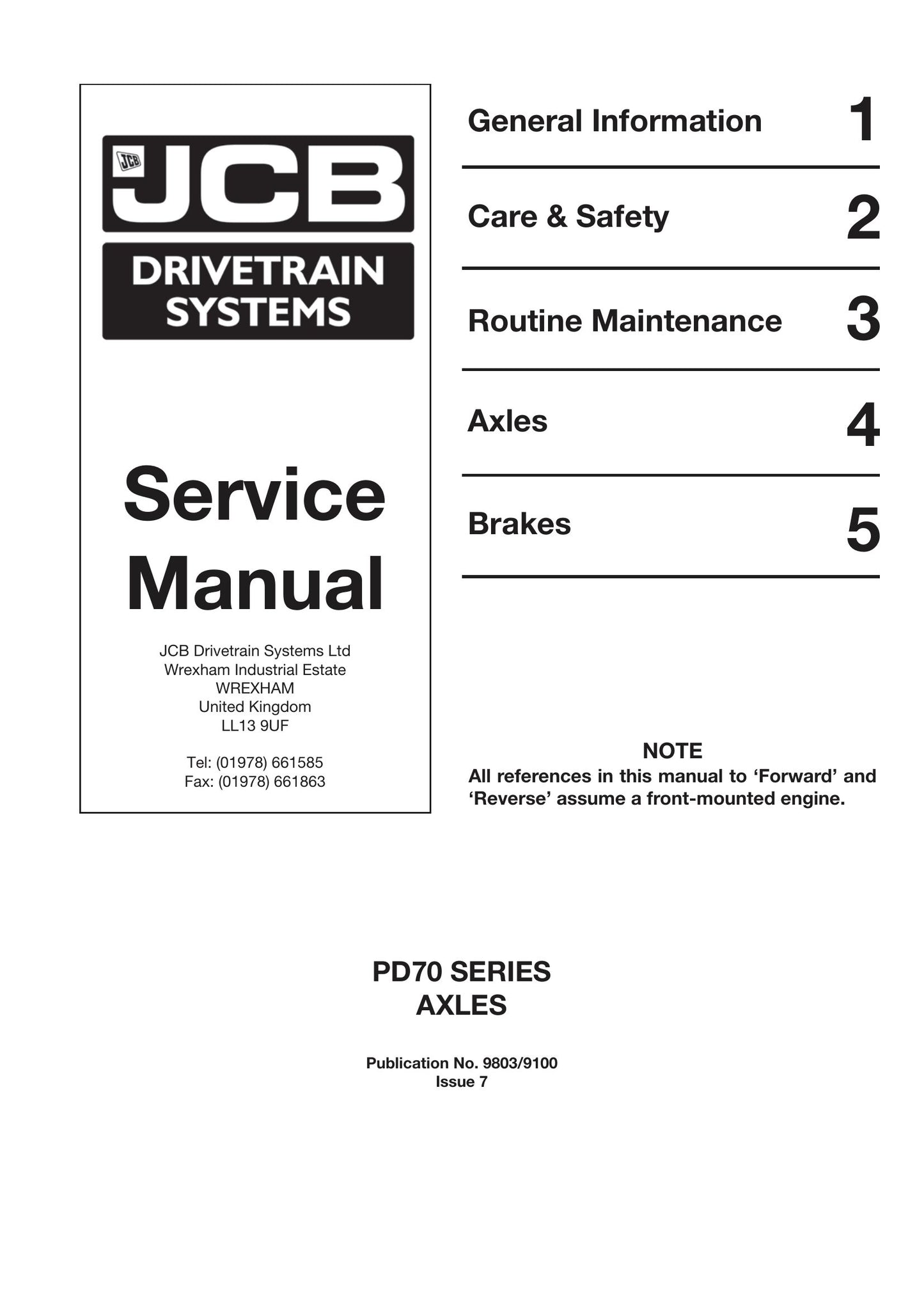 JCB PD70 Axles Factory Workshop Service Manual 9803/9100