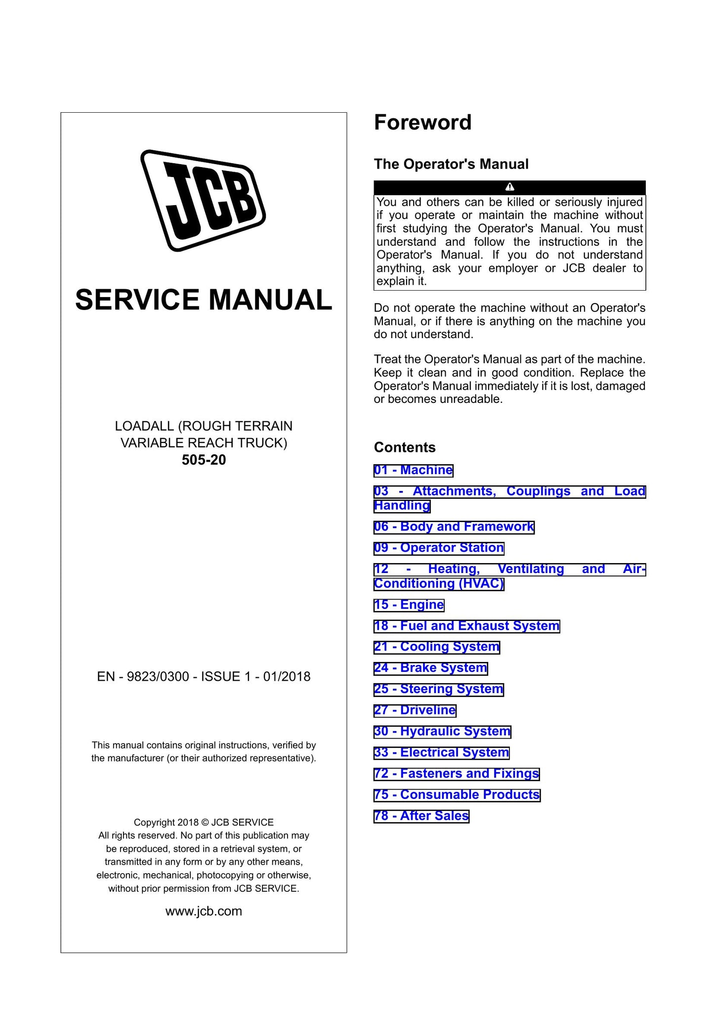 JCB 505-20 Loadall Factory Workshop Service Manual 9823/0300