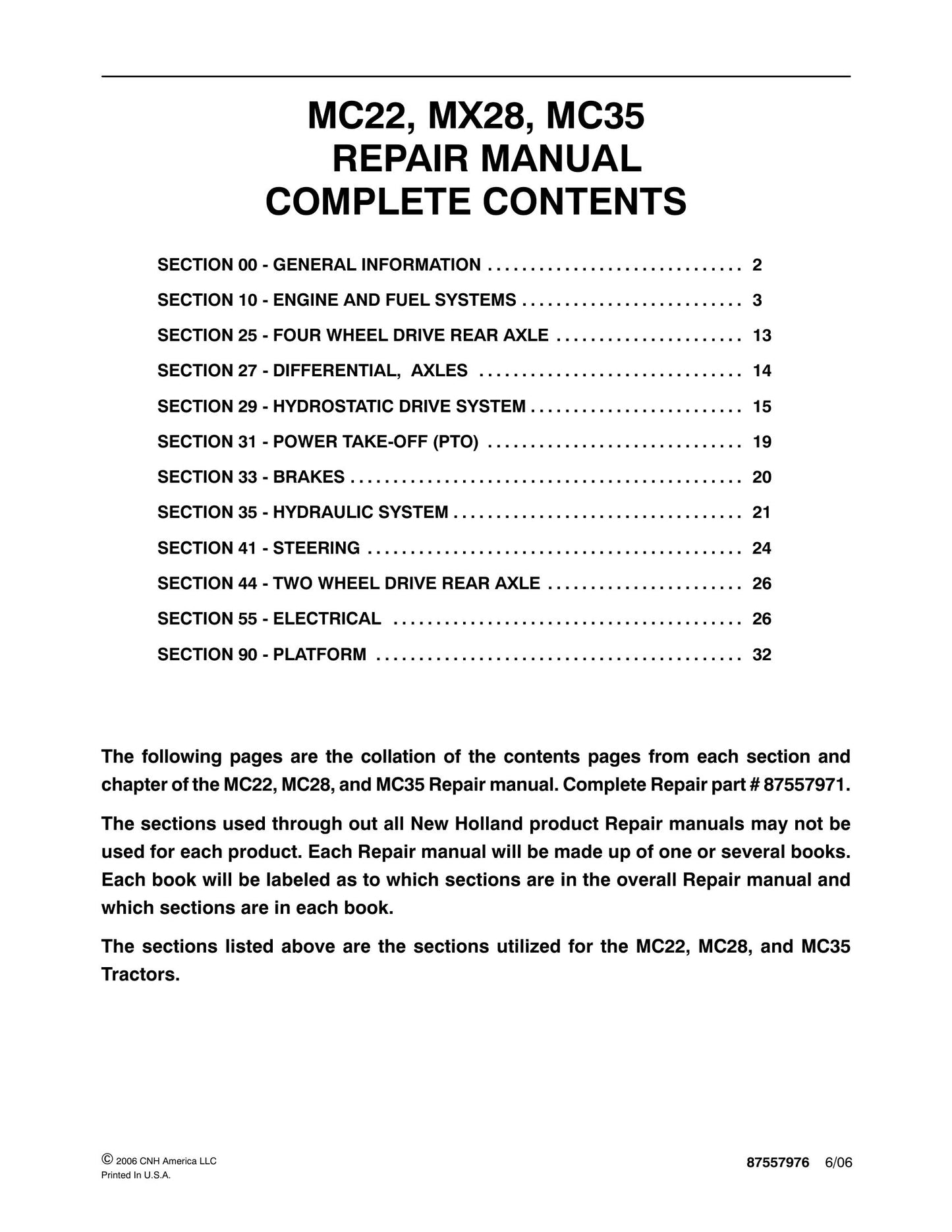 New Holland MC22 MC28 MC35 Tractor Factory Workshop Repair Manual 87557976