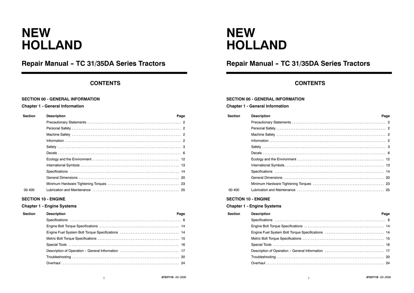 New Holland TC 31DA TC 35DA Tractor Factory Workshop Repair Manual 87537118