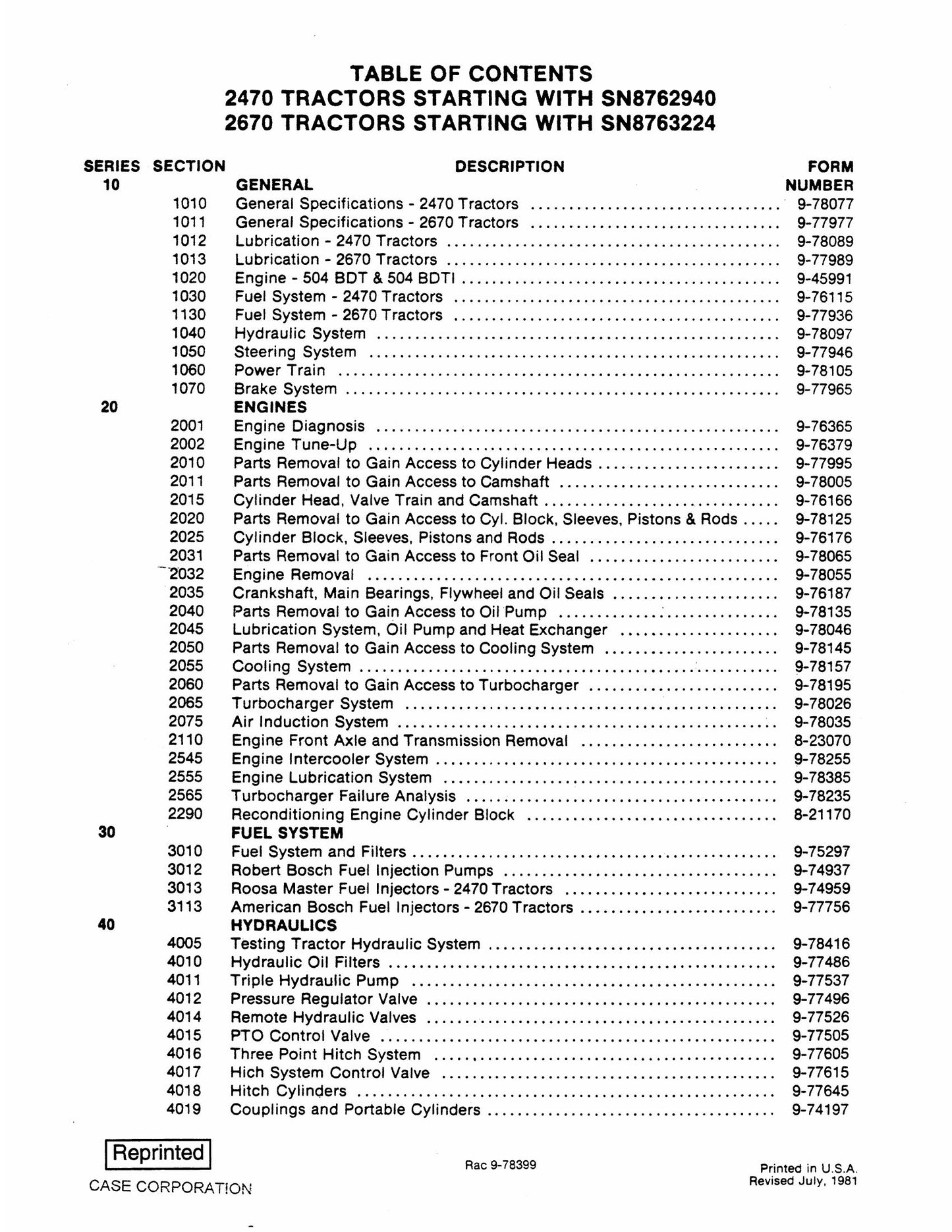 CASE 2470 Tractor Factory Workshop Parts Catalog Rac-9-78399
