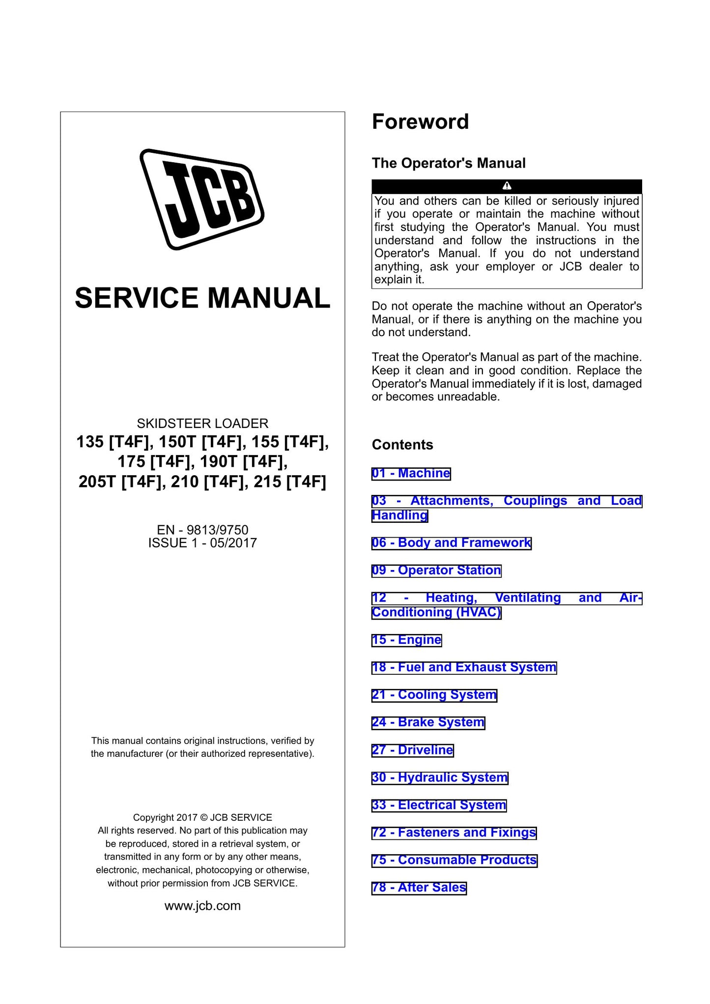 JCB 135 150T 155 175 190T 205T 210 215 Skid Steer Loader Factory Workshop Service Manual 9813/9750