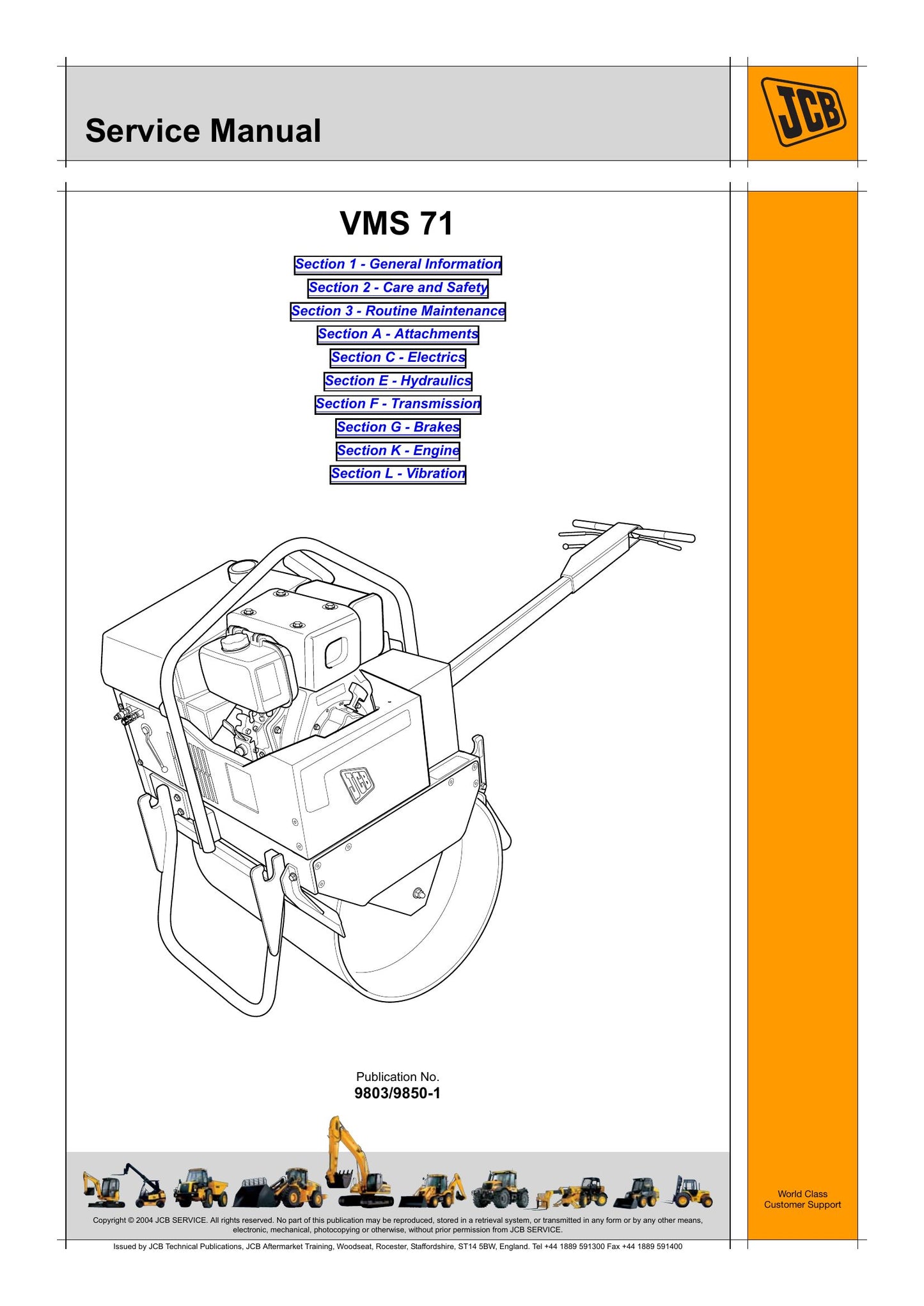 JCB VMS 71 Vibratory Roller Factory Workshop Service Manual 9803/9850-1