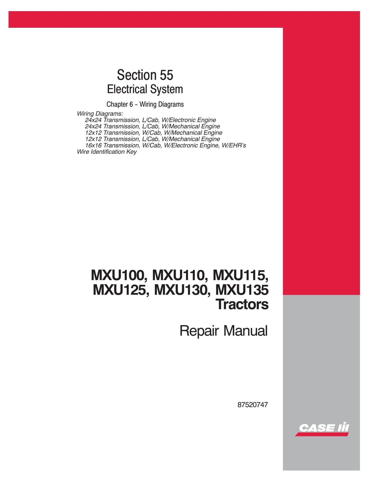 CASE MXU100 MXU110 MXU115 MXU125 MXU130 MXU135 Tractor Factory Workshop Repair Manual 87520742