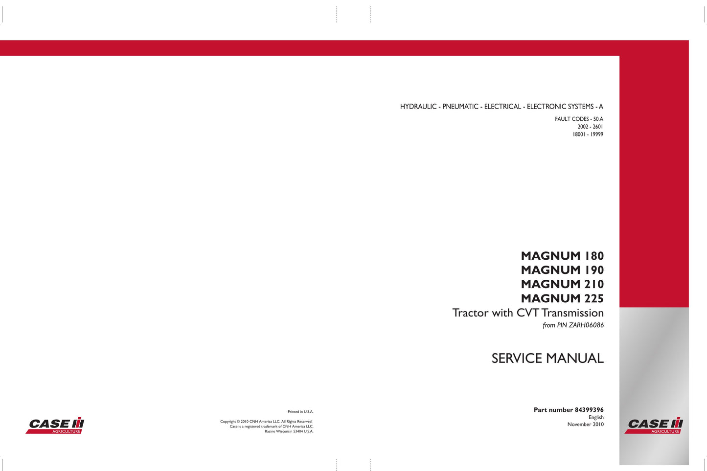 CASE MAGNUM 180 MAGNUM 190 MAGNUM 210 MAGNUM 225 Tractor Factory Workshop Service Manual 84386820