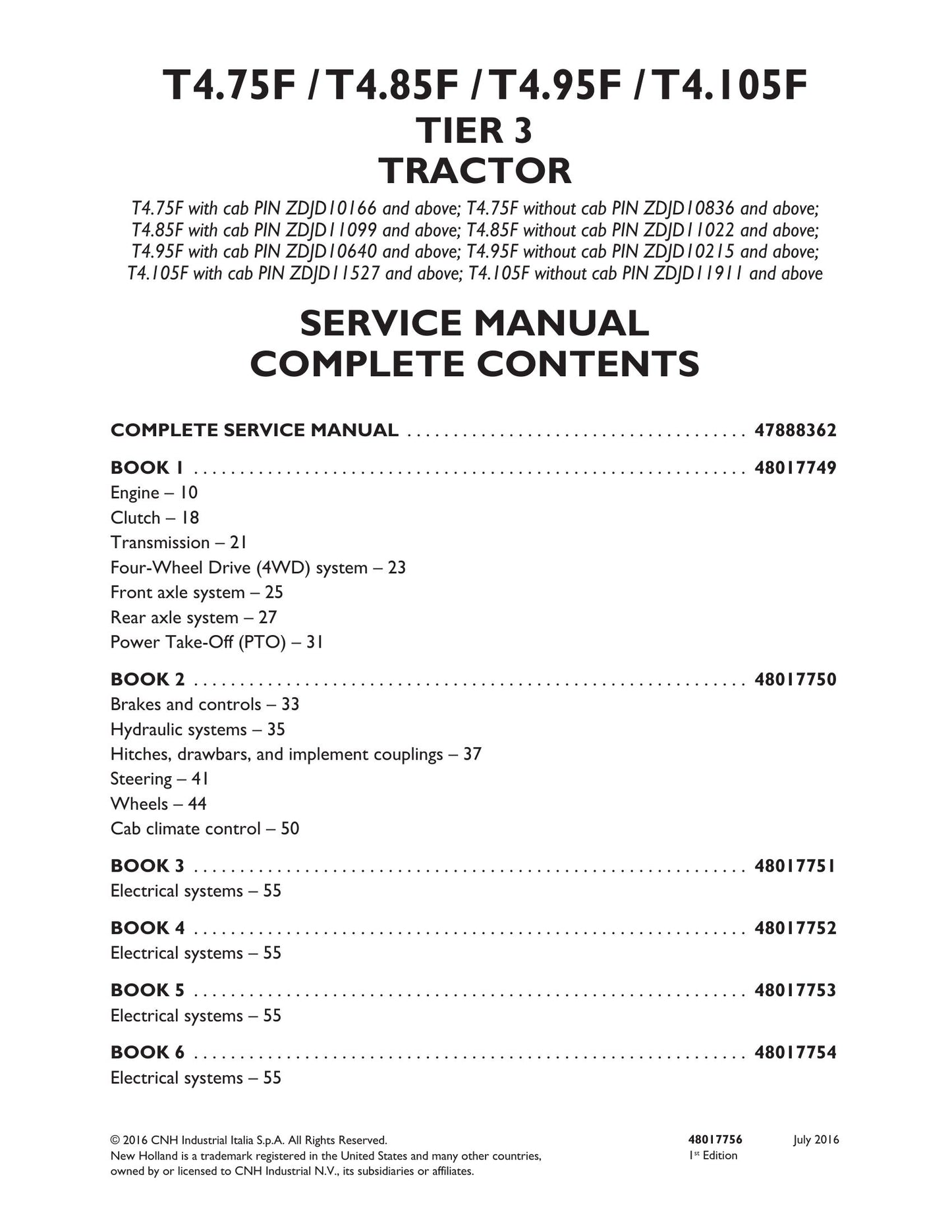 New Holland T4.75F T4.85F T4.95F T4.105F Tractor Factory Workshop Service Manual 48017752