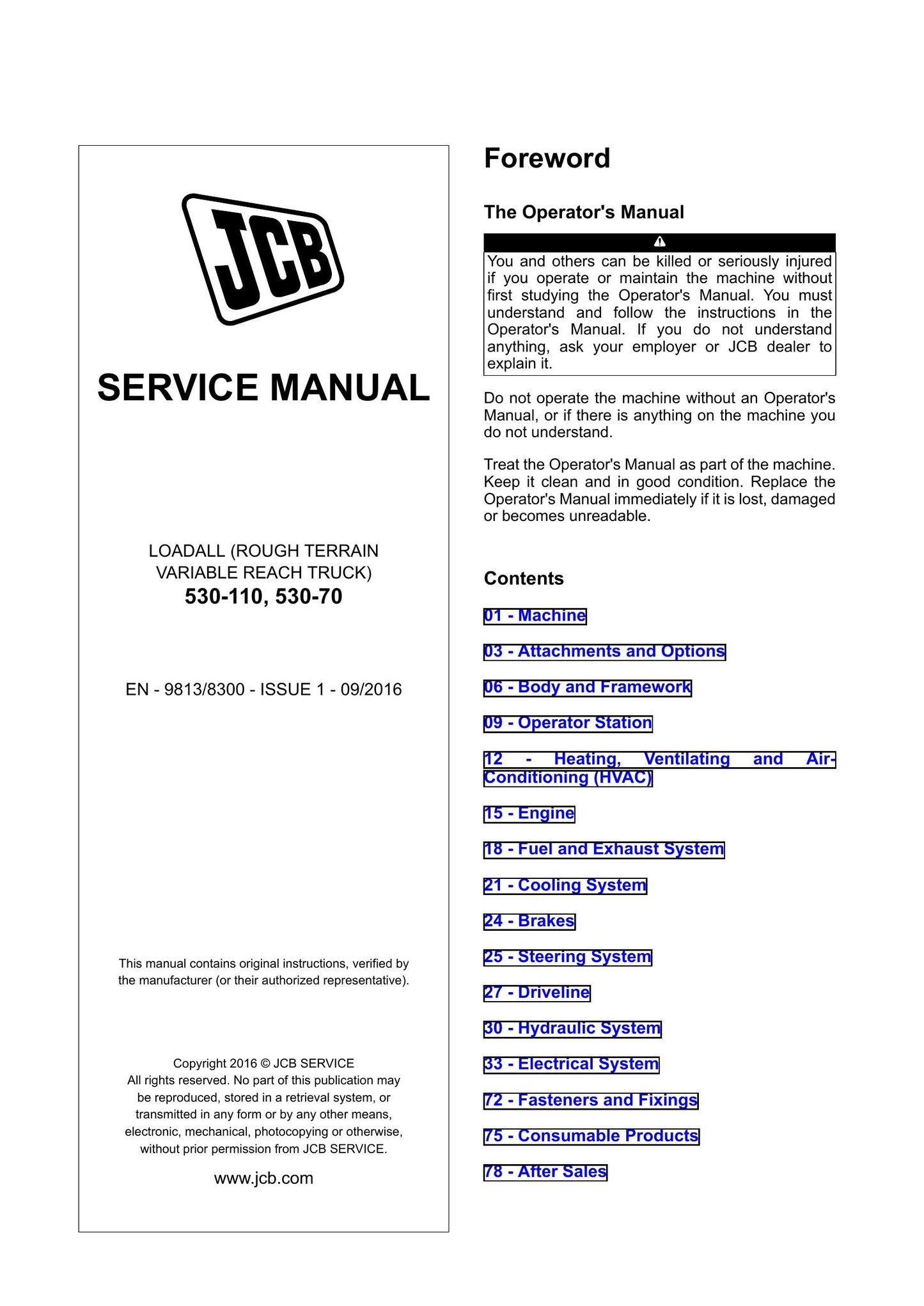 JCB 530-110 530-70 Loadall Factory Workshop Service Manual 9813/8300